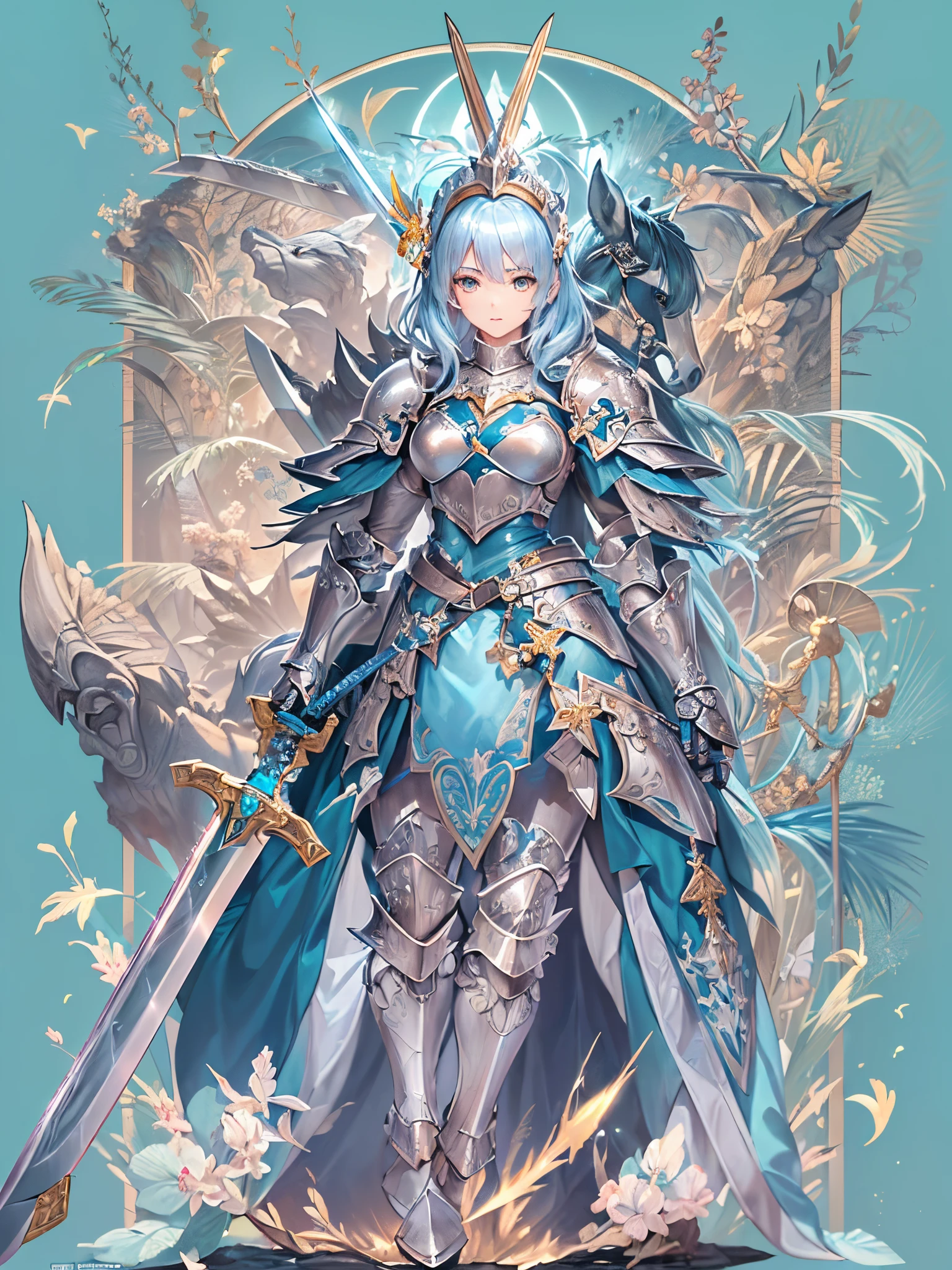 ((Finest quality)),(超A high resolution),(ultra-detailliert),(Meticulous portrayal),((Best Anime)),(Finest works of art),(Ultra-Precision Art),(The art of astounding depiction,Overwhelming depiction:1.5),(intricate and detailed art:1.6), (1human female knight:1.5),short-hair:1.5,Confident Face,Beautiful and well-groomed face,(Shining armor with detailed reliefs:1.7),(A clear blue sword:1.8),
