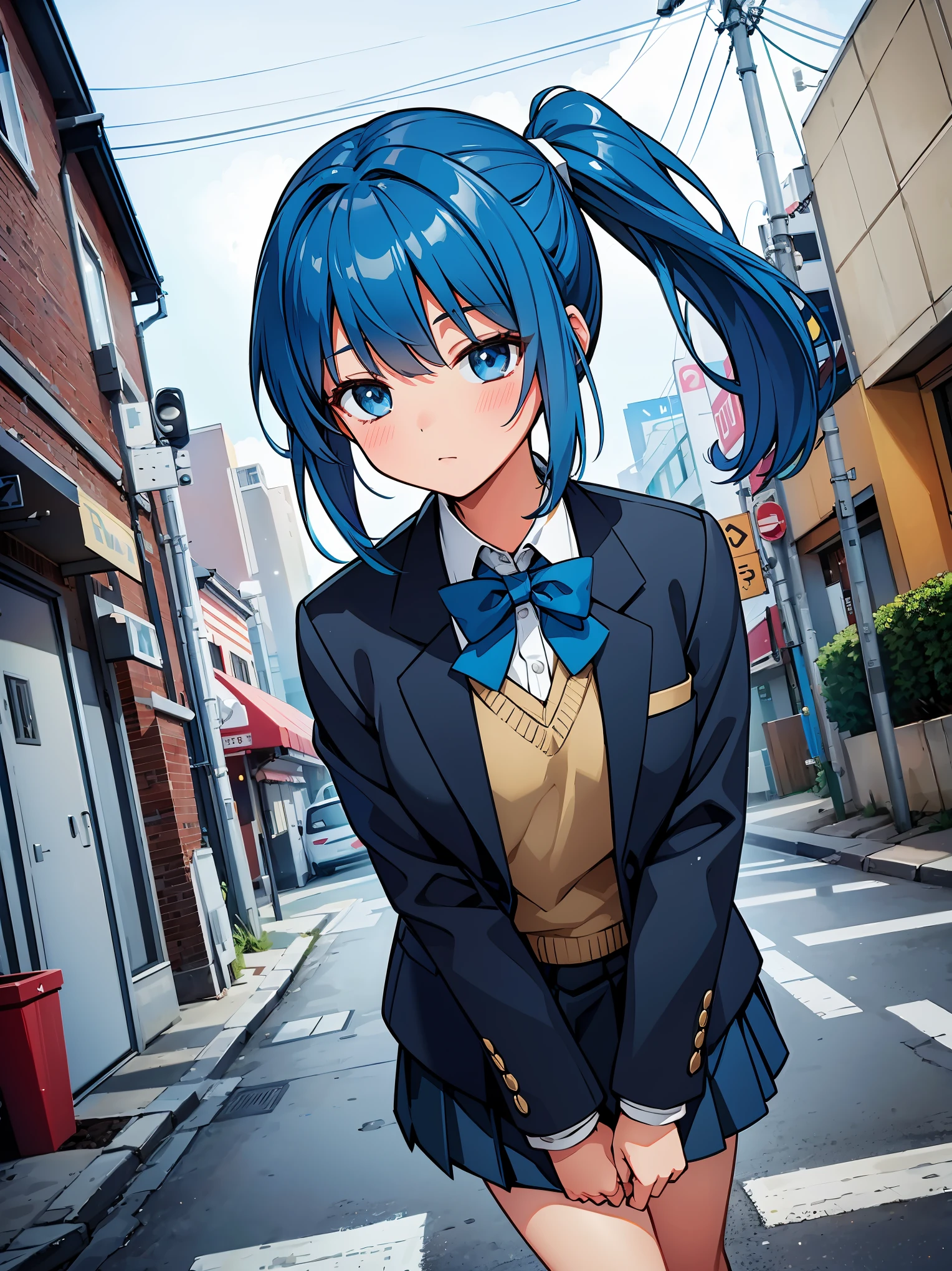 (in 8K, Raw photography, Best Quality, masutepiece: 1.2), high-definition RAW color photography, Professional Photography, Cinematic Light, (animesque:1.2), (1womanl), ((Blue-haired, poneyTail)), (The face is small), Beautiful eyes, long eyelashes, beautiful eyelids, slenderbody, ((high-school uniform, blazers)), ((Staring)), (((FULL BODYSHOT)) )，(( full-face blush)), ((Electric Town, low  angle shot)), Realistic, Highly detailed, Photography, masutepiece, High quality, High quality, hight resolution, Professional Lighting, (glistning skin:0.9),