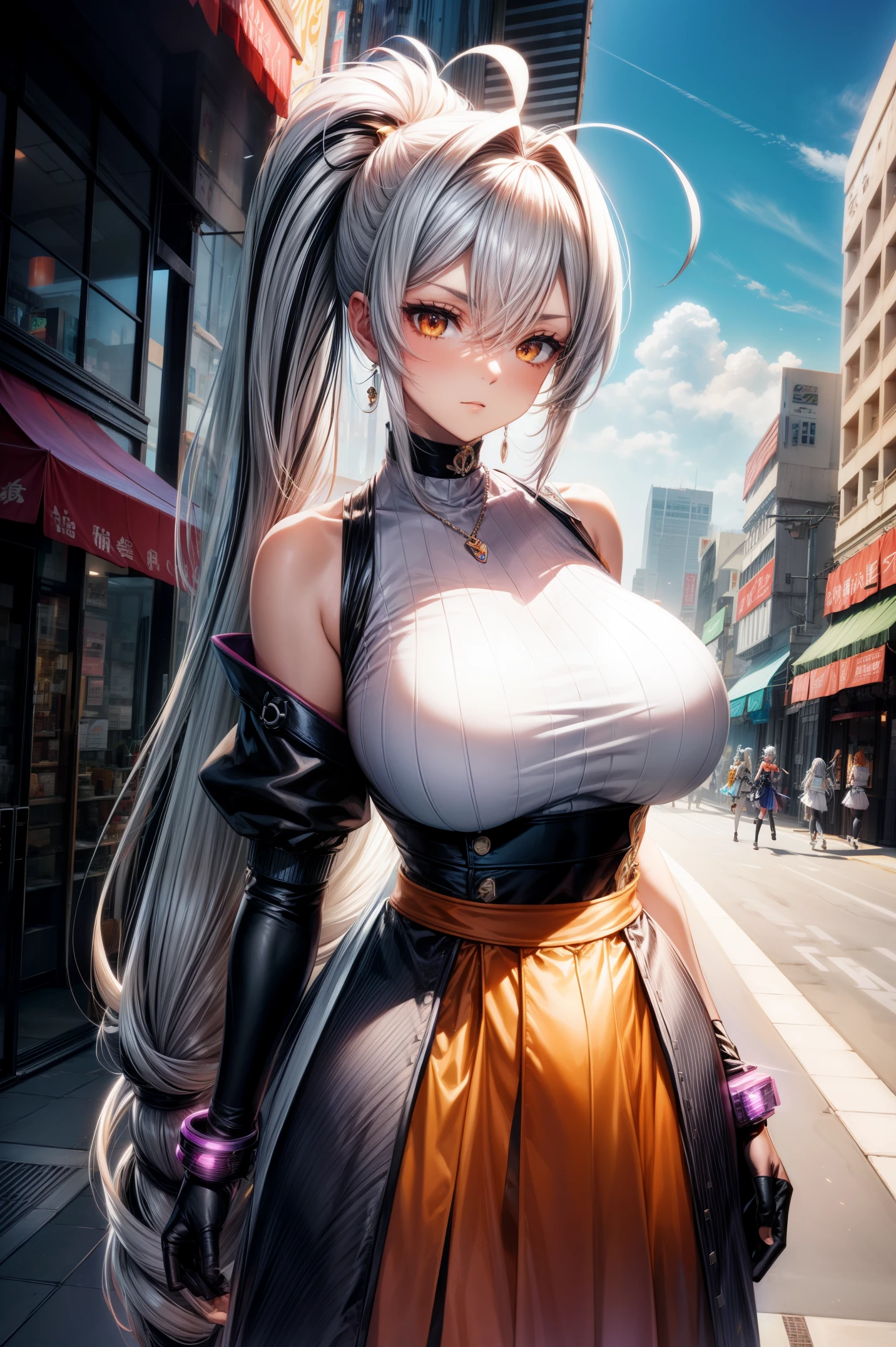 humongous large breast，Sakifova，ahoge，Off-shoulder glove hair，Wear lutterinitts gloves at the elbows，hair adornments，Long gray hair，Orange eyes interior，partially fingerless gloves，无袖，sleeveless shirts，V-shaped eyebrows，Very long hair，Thin long skirt with colorful hair，pony tails，colorfulhair，Striped hair，A futuristic，cyber punk personage，sakifuwery long skirt， jewely， show on，， looking at viewert， hair adornments， choker necklace， Very shy， （tmasterpiece，quality，Best quality at best，offcial art，Beauty and aesthetics：1.2），（1 Sister），The is very detailed，rich colourful，highest details， （：1.2，）Upper part of the body，From the front，Carmelto， 城市，the street， suns， cloud，