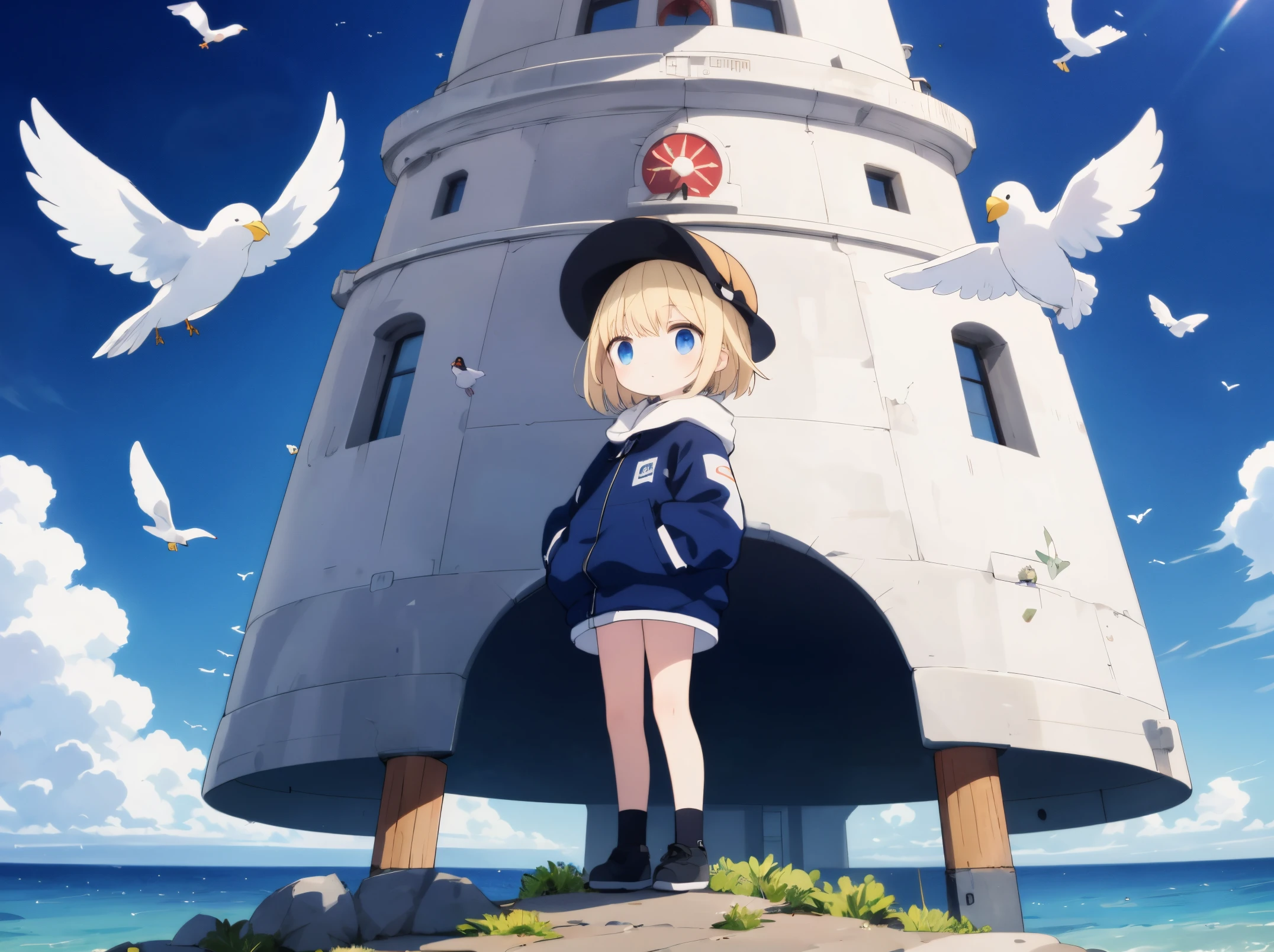 Best Quality, ultra-detailliert, birds fly in the sky, 2 children, Gamine２In person, platinum-blonde-hair,  Floating hair, Wearing a down jacket，
A child is standing on top of a lighthouse。。, arcane, holography, from the front side, floating,  prisma