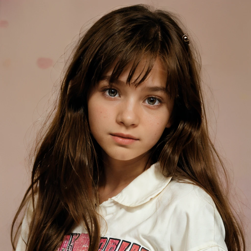 90's 10 year old girl , long hair , brown hair , looking at viewer, 90's clothes