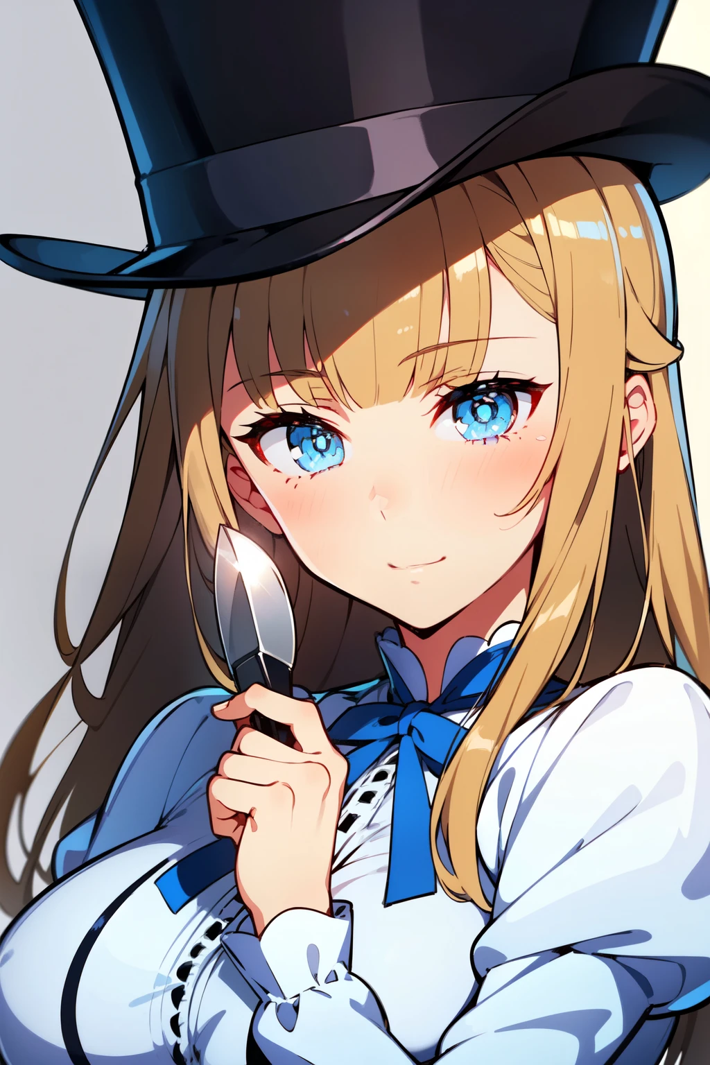 (1girl, solo), blonde hair, side ponytail, (blue eyes:1.5), long hair, (medium breast:1.2), (hair ribbon, juliet sleeves, long sleeves, puffy sleeves, white dress:1.5, frills, top hat, black top hat, hat, hat flower,) looking at viewer, holding knife, knife, indoors, (masterpiece:1.2), best quality, high resolution, unity 8k wallpaper, (illustration:1.5), anime style, (beautiful detailed eyes:1.6), extremely detailed face, perfect lighting, extremely detailed CG, (perfect hands, perfect anatomy),