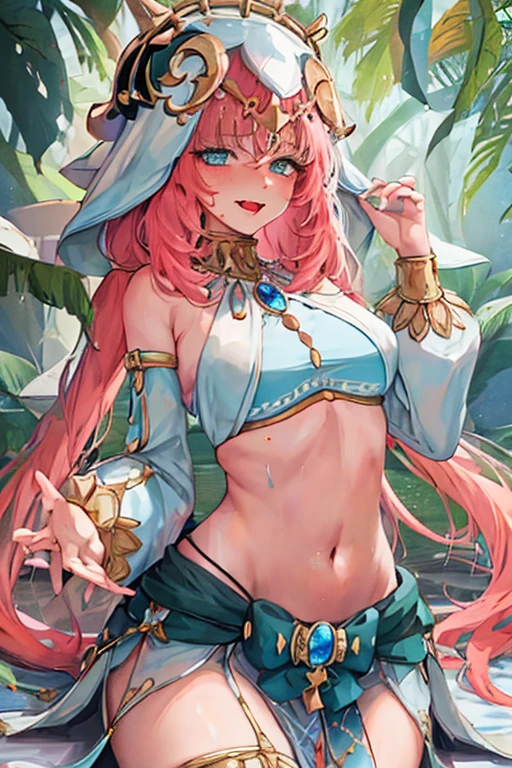 anime woman with pink hair wearing aztec Indian plume