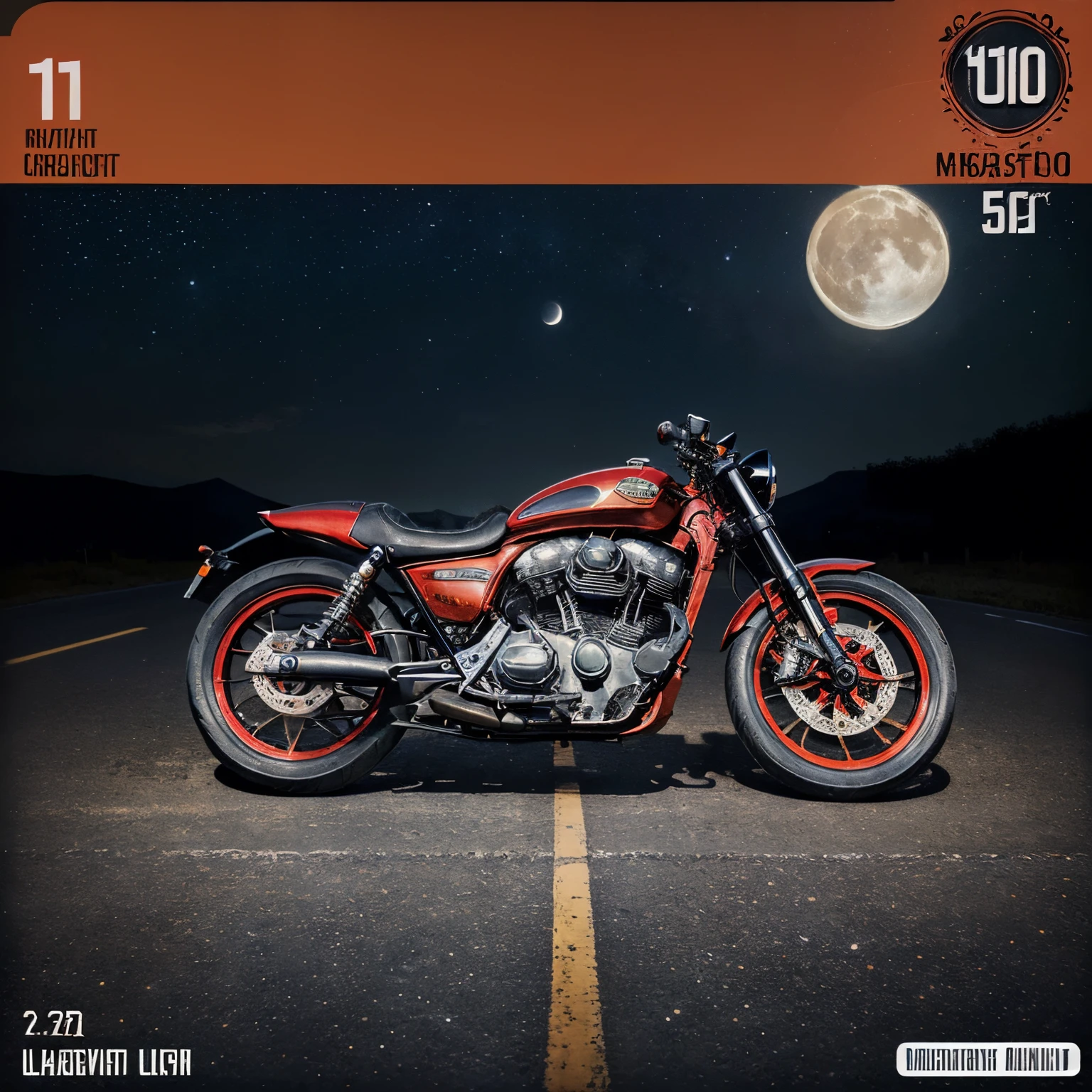 (masterpiece), (best quality), (best detail), (distant general view), (postage stamp),(main color of illustration: bright saturated red), (secondary color: lapis lazuli), a red cafe racer motorcycle driven by a woman with defiant stance, very detailed chassis, futuristic western scenery, night (many stars, moon), shading (detailed, much contrast), very saturated pulp colors