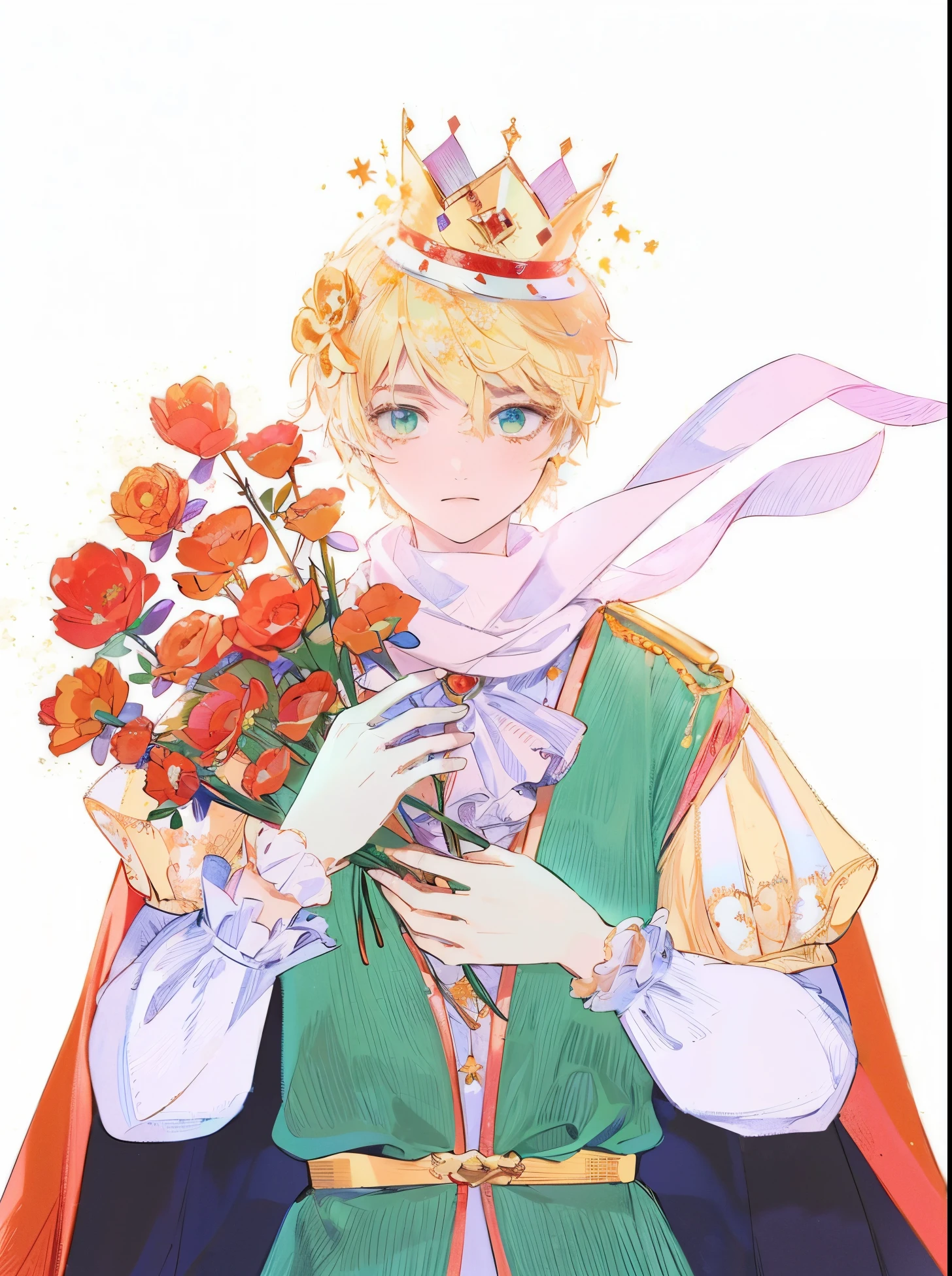 Obra prima, melhor qualidade 4k Hd, menino loiro com coroa, Flowers in hands, olhar encantado, Little Prince, arte anime, cores vivas, cores vibrantes, dramatic scene