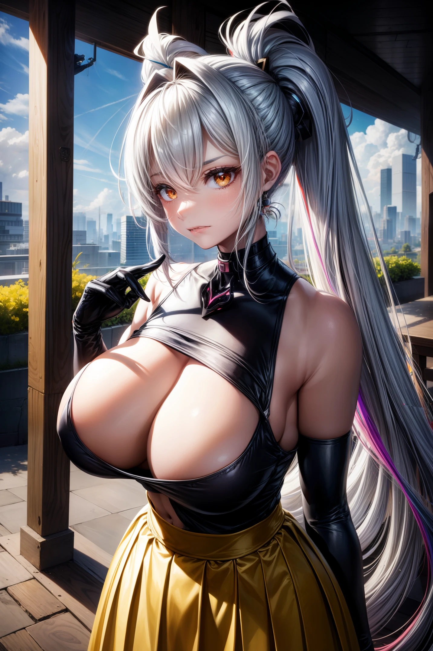 humongous large breast,Sakifova,ahoge,Off-shoulder glove hair,Wear lutterinitts gloves at the elbows,hair adornments,Long gray hair,Orange eyes interior,partially fingerless gloves,无袖,sleeveless shirts,V-shaped eyebrows,Very long hair,Thin long skirt with colorful hair,pony tails,colorfulhair,Striped hair,A futuristic,cyber punk personage,sakifuwery long skirt, jewely, show on,, looking at viewert, hair adornments, choker necklace, Very shy, (tmasterpiece,quality,Best quality at best,offcial art,Beauty and aesthetics:1.2),(1 Sister),The is very detailed,rich colourful,highest details, (:1.2,)Upper part of the body,From the front,Carmelto, 城市,the street, suns, cloud,