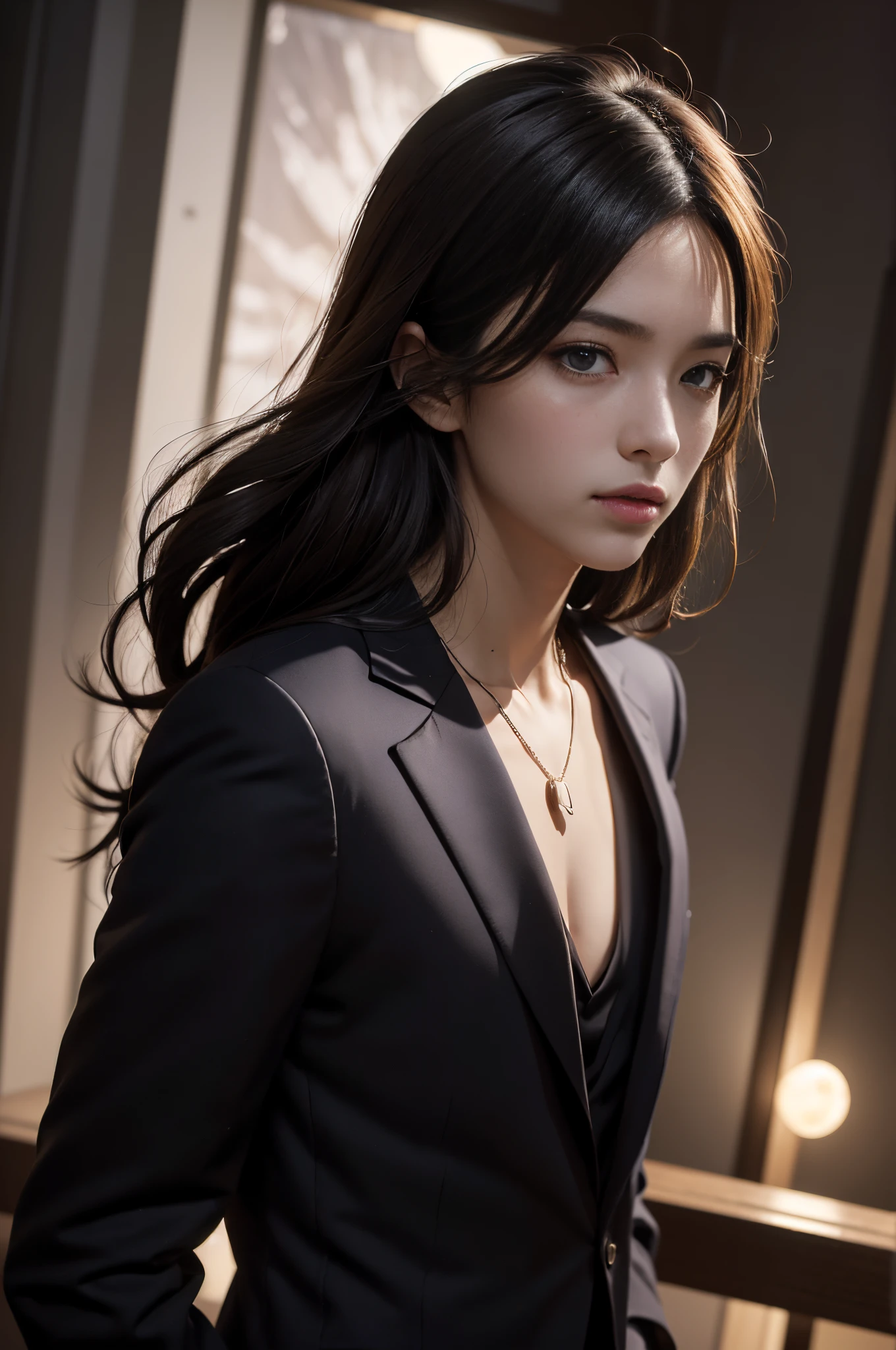 (Photoreal Stick:1.5, masutepiece:1.5, 8K), (top-quality, masterpiece, 超A high resolution), Perfect dynamic composition, Professional camera work:1.4, Highly detailed skin and facial texture:1.3, Mystical portrait:1.3, Grow Light Effect, The ultra-detailliert, 1girl in, ((Night view from inside the building, Please turn off the lights in the room, Dark atmosphere, The moonlight at night shines through the glass)), (V Neck Shirt Black Tailored Suit Suit Jacket), Model body type, Clear face, Detailed hand, Beautiful and detailed eyes, (Enraptured look:0.7, i love you completely:0.7), A mouthfeel that feels beautiful eros, Dark brown medium hair, the chest is medium, a necklace, Only the upper body is visible