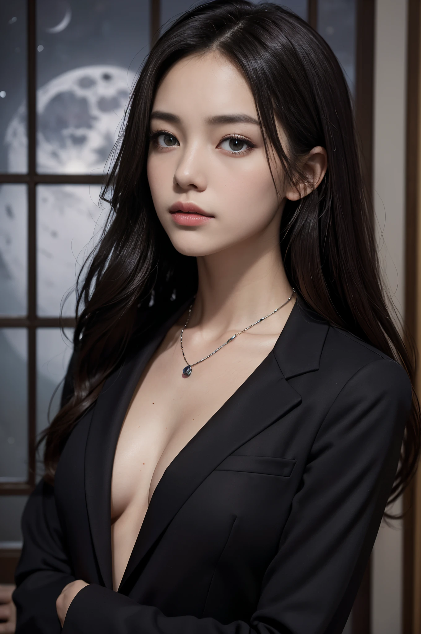 (Photoreal Stick:1.5, masutepiece:1.5, 8K), (top-quality, masterpiece, 超A high resolution), Perfect dynamic composition, Professional camera work:1.4, Highly detailed skin and facial texture:1.3, Mystical portrait:1.3, Grow Light Effect, The ultra-detailliert, 1girl in, ((Night view from inside the building, Please turn off the lights in the room, Dark atmosphere, The moonlight at night shines through the glass)), (V Neck Shirt Black Tailored Suit Suit Jacket), Model body type, Clear face, Detailed hand, Beautiful and detailed eyes, (Enraptured look:0.8, i love you completely:0.8), A mouthfeel that feels beautiful eros, Dark brown medium hair, the chest is medium, a necklace, Close-up portrait
