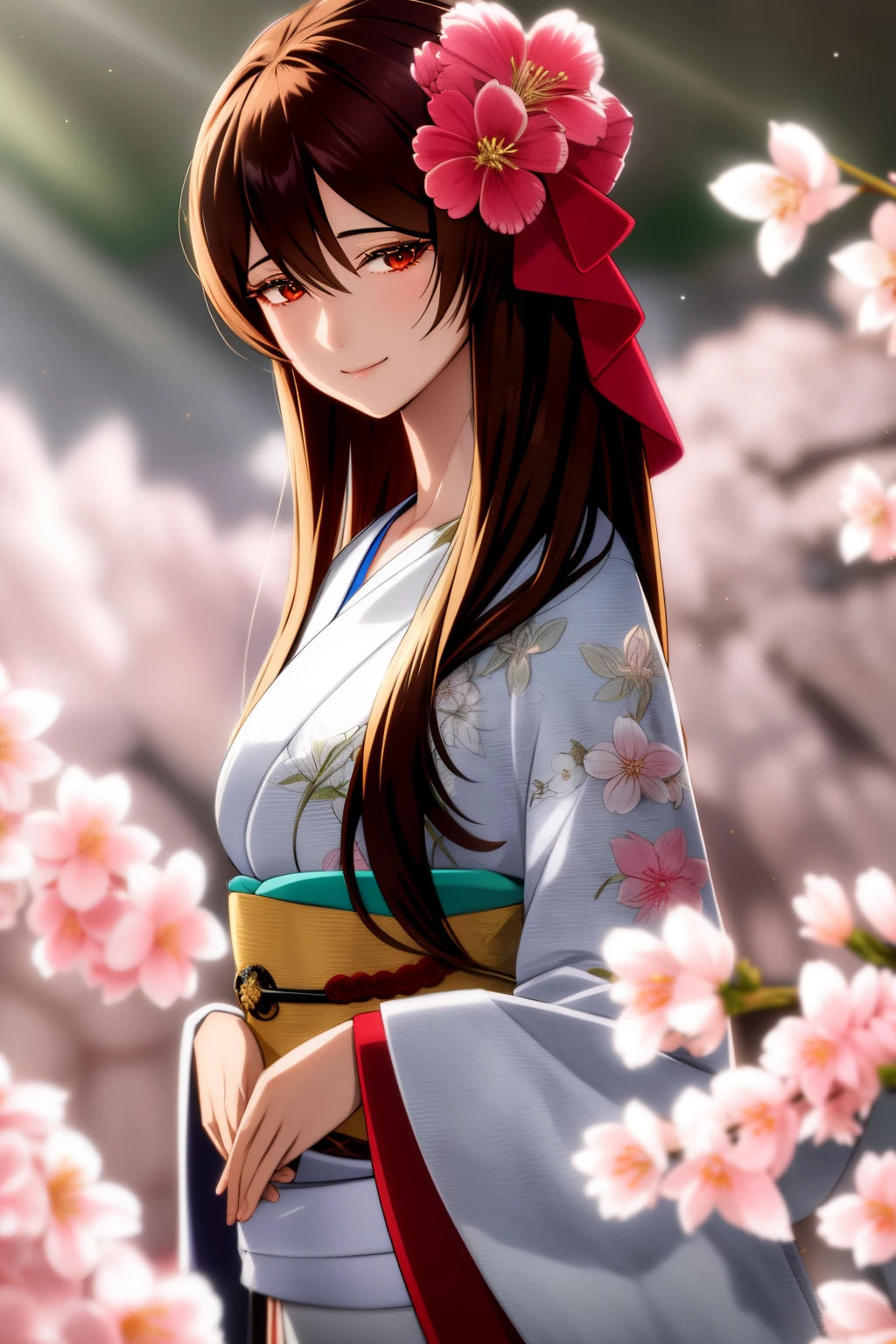 beautiful Anime FBS,Luxury kimono、elegent、The upper part of the body、(top-quality、8K、32K、​masterpiecehotorealsitic:1.4)、Raw photography、Sunlight backlight adds depth to the screen、depth of fields、A smile、Cherry blossom background,