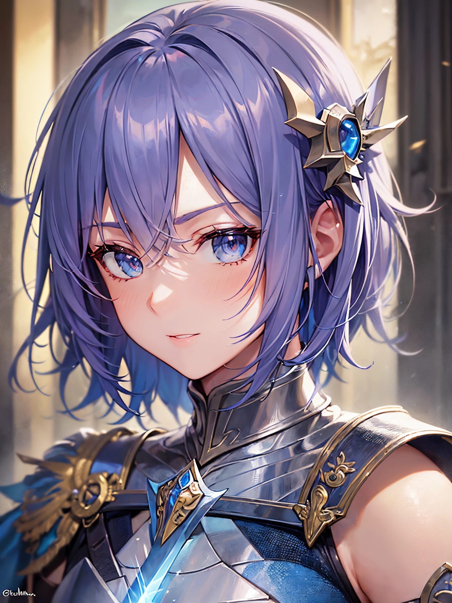 ((Finest quality)),(超A high resolution),(ultra-detailliert),(Meticulous portrayal),((Best Anime)),(Finest works of art),(Ultra-Precision Art),(The art of astounding depiction,Overwhelming depiction:1.5),(intricate and detailed art:1.6), (１human female knight:1.5),short-hair:1.5,Confident Face,Beautiful and well-groomed face,(Shining armor with detailed reliefs:1.7),(A sword with a clear blue blade:1.8),