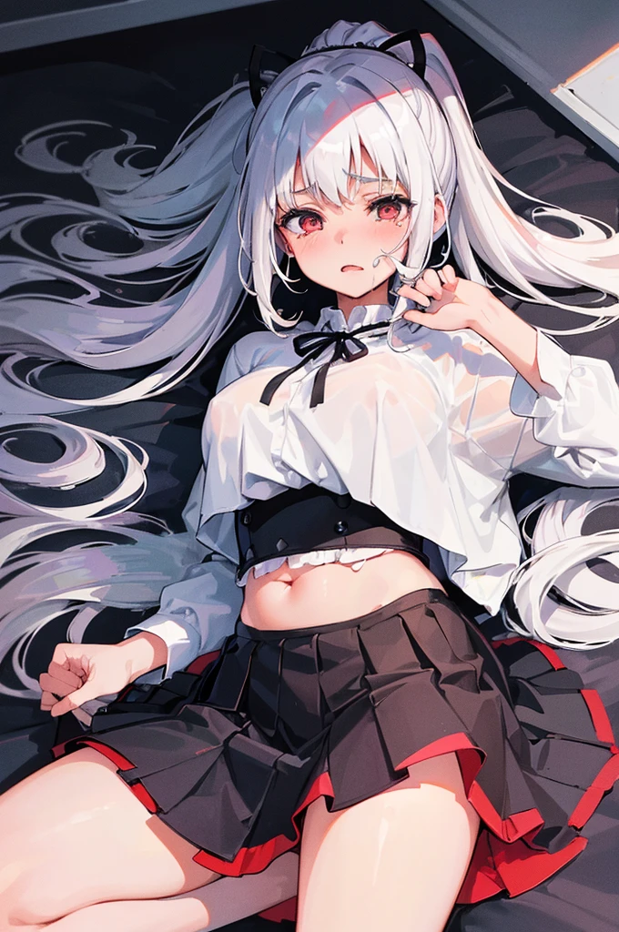 ((Best quality at best))Looking down at the group,spread thighpose the bottom of your skirt to the audience,Clothes were taken off,((Best quality at best)), ((tmasterpiece)), (Detailed pubic hair), s the perfect face,White hair,High ponytail,Anime shoujo,Lie down in bed,The face is red,Showing the bottom of your skirt to the audience,Drooling from the mouth,streaming tears,White liquid leaks from the bottom of skirt,Lie down in bed,Be red in the face,Drooling from mouth,streaming tears,Hands are tied,bare-legged,,white colors,Legs wearing torn black stockings