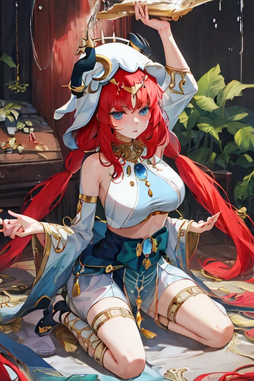 kneels on the ground,Eyes empty and dull,humongous large breast,Bareleged,service,redheadwear,eBlue eyes