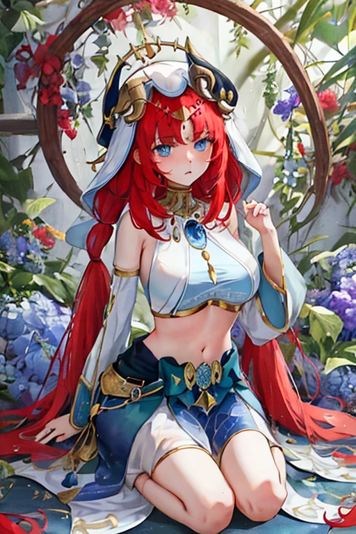 kneels on the ground，Eyes empty and dull，humongous large breast，Bareleged，service，redheadwear，eBlue eyes