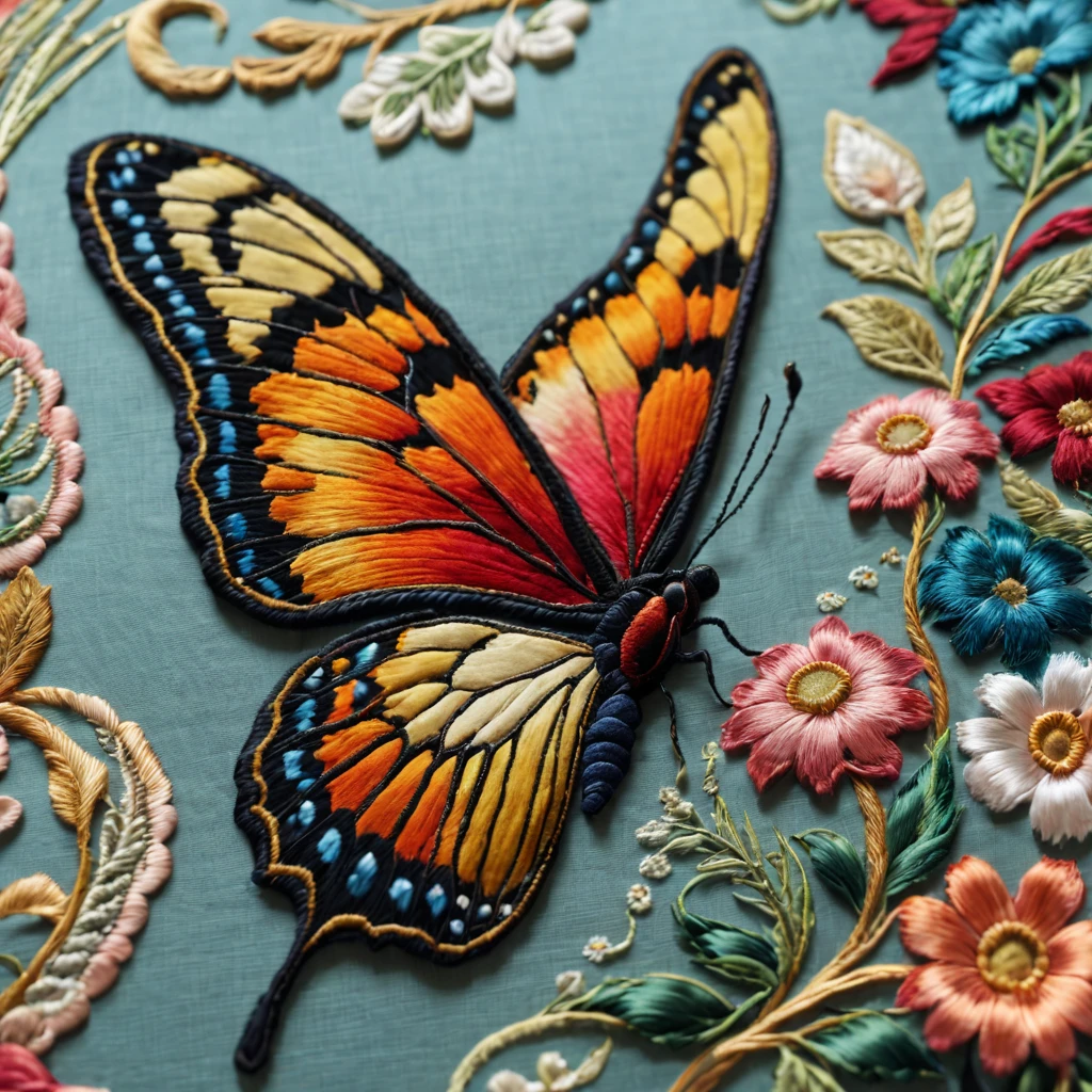 (ultra-detailed, realistic:1.37) Butterfly embroidery, vibrant colors, delicate wings, intricate patterns, lifelike details, intricate stitches, fine needlework, precise shading, high-resolution image, textile art, textile textures, creative composition, professional craftsmanship, colorful threads, meticulous thread work, exquisite craftsmanship, realistic lighting, decorative art, close-up view, detailed antennae, delicate petals, nature's beauty, decorative motif, artistic expression, embroidered masterpiece, stunning precision, artistic interpretation, intricate designs, vivid hues, graceful movement, expertly executed, vibrant thread colors, realistic texture, mesmerizing artwork, elegant and refined, modern embroidery techniques, delicate embellishments, artistic challenge, eye-catching centerpiece