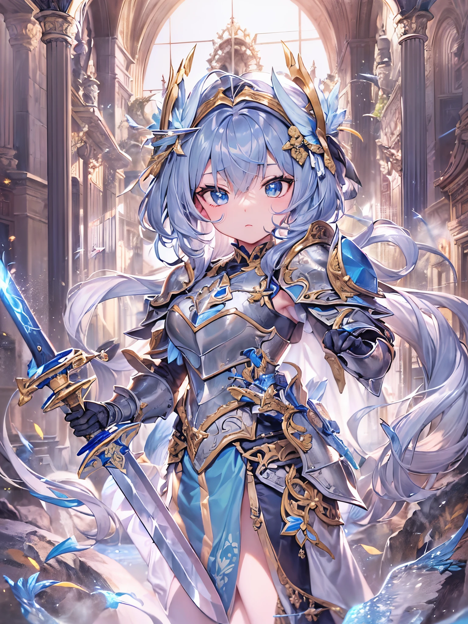 ((Finest quality)),(超A high resolution),(ultra-detailliert),(Meticulous portrayal),((Best Anime)),(Finest works of art),(Ultra-Precision Art),(The art of astounding depiction,Overwhelming depiction:1.5),(intricate and detailed art:1.6), (１human female knight:1.5),short-hair:1.5,Confident Face,Beautiful and well-groomed face,(Shining armor with detailed reliefs:1.7),(A sword with a clear blue blade:1.8),