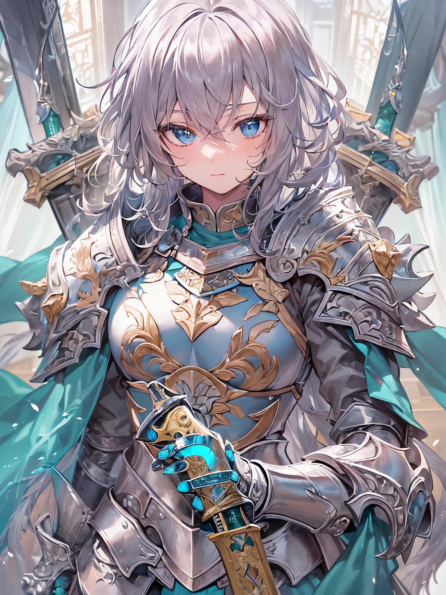 ((Finest quality)),(超A high resolution),(ultra-detailliert),(Meticulous portrayal),((Best Anime)),(Finest works of art),(Ultra-Precision Art),(The art of astounding depiction,Overwhelming depiction:1.5),(intricate and detailed art:1.6), (１human female knight:1.5),short-hair:1.5,Confident Face,Beautiful and well-groomed face,(Shining armor with detailed reliefs:1.7),(A sword with a clear blue blade:1.8),
