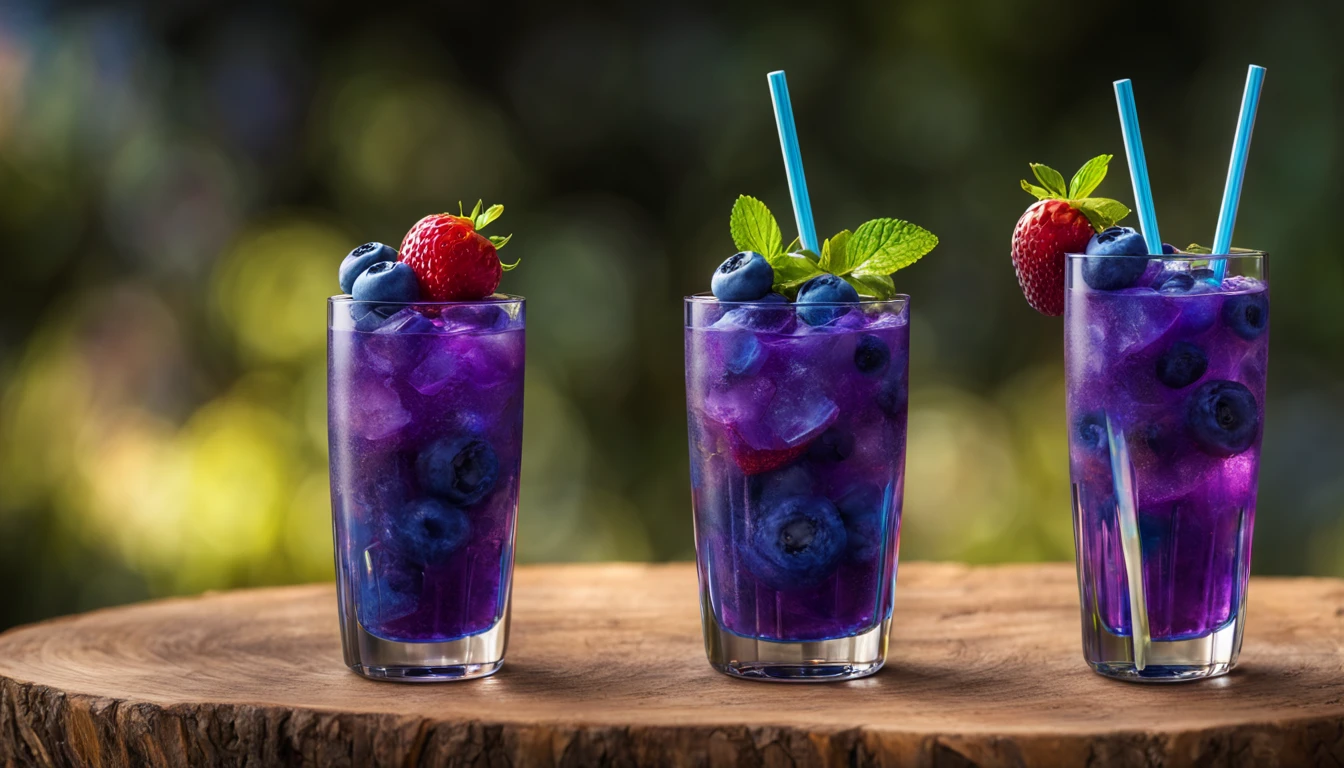a purple glowing ***___Blueberry and Strawberry Daquarri Cocktail___*** glows in the dark, in the style of imaginative fantasy landscapes, ***___on the balcony of a Rustic Jazz bar, Epic Gas Swamp Background,___*** detailed character design, hyper-realistic details, atmospheric woodland imagery, lightbox, colorful woodcarvings, uhd image, very cool, colorful straws, isometric 3D, octane rendering, ray tracing, very detailed