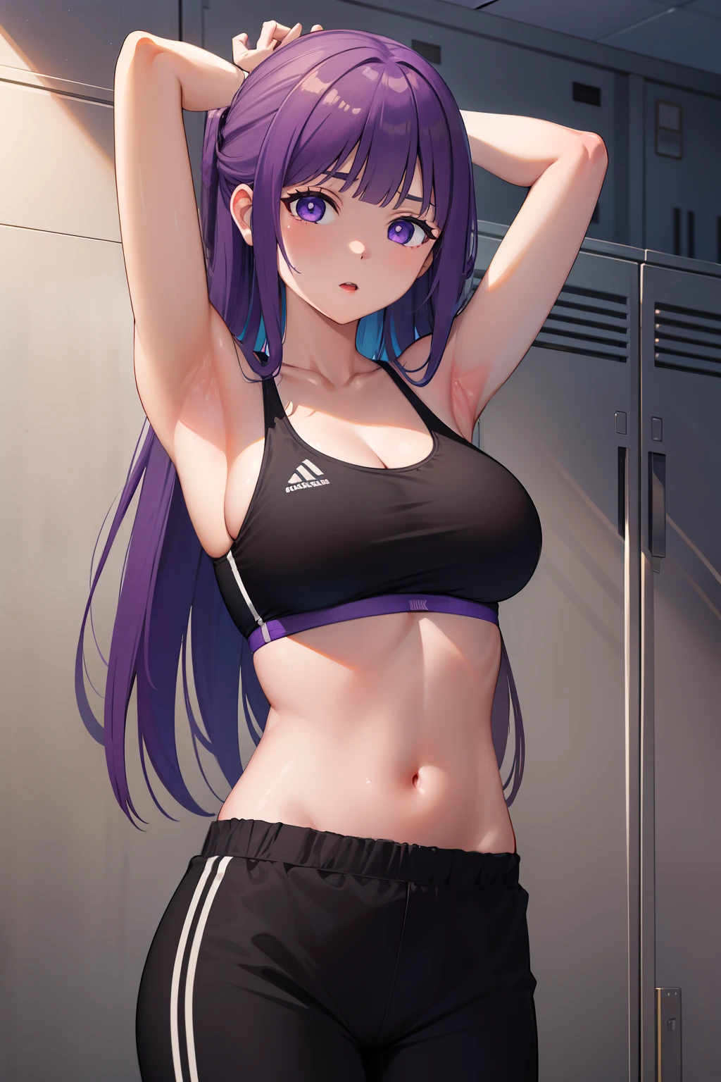 masterpiece, absurdres , (intricate details), (colorful),cinematic lighting,bust shot,extremely detailed CG unity 8k wallpaper,1girl, solo,mature female, arm up, looking at viewer, sports bra, locker room,cowboy shot,  Long straight violet hair, violet clear eyes