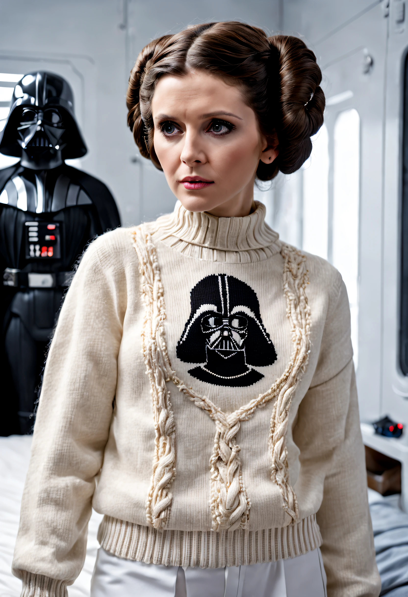 princess Leia is in a scifi bedroom. She is wearing a hand knit sweater with Dath Vader embroidered on the chest.