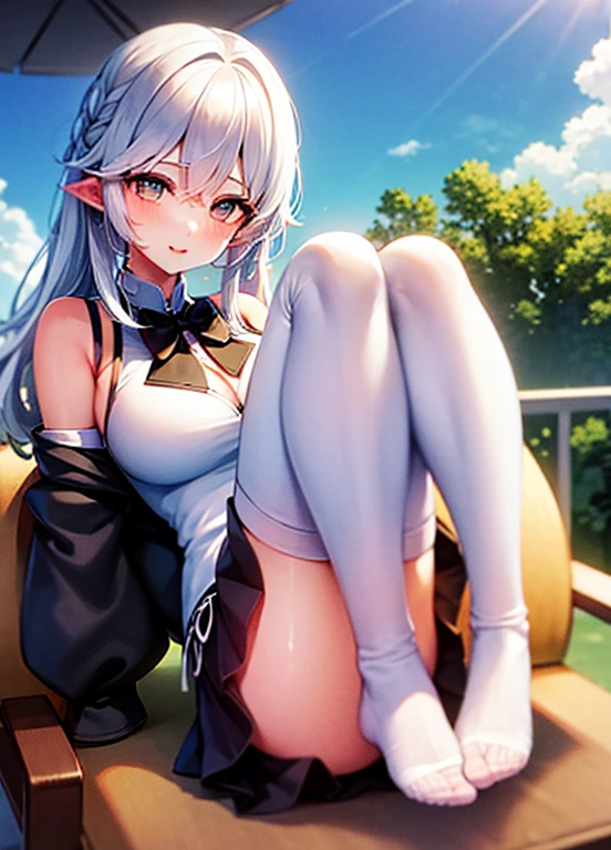 sitting on computer chair,sfw white stockings long legs,White ha flushed,Raised your legs,Pubic hair shows through