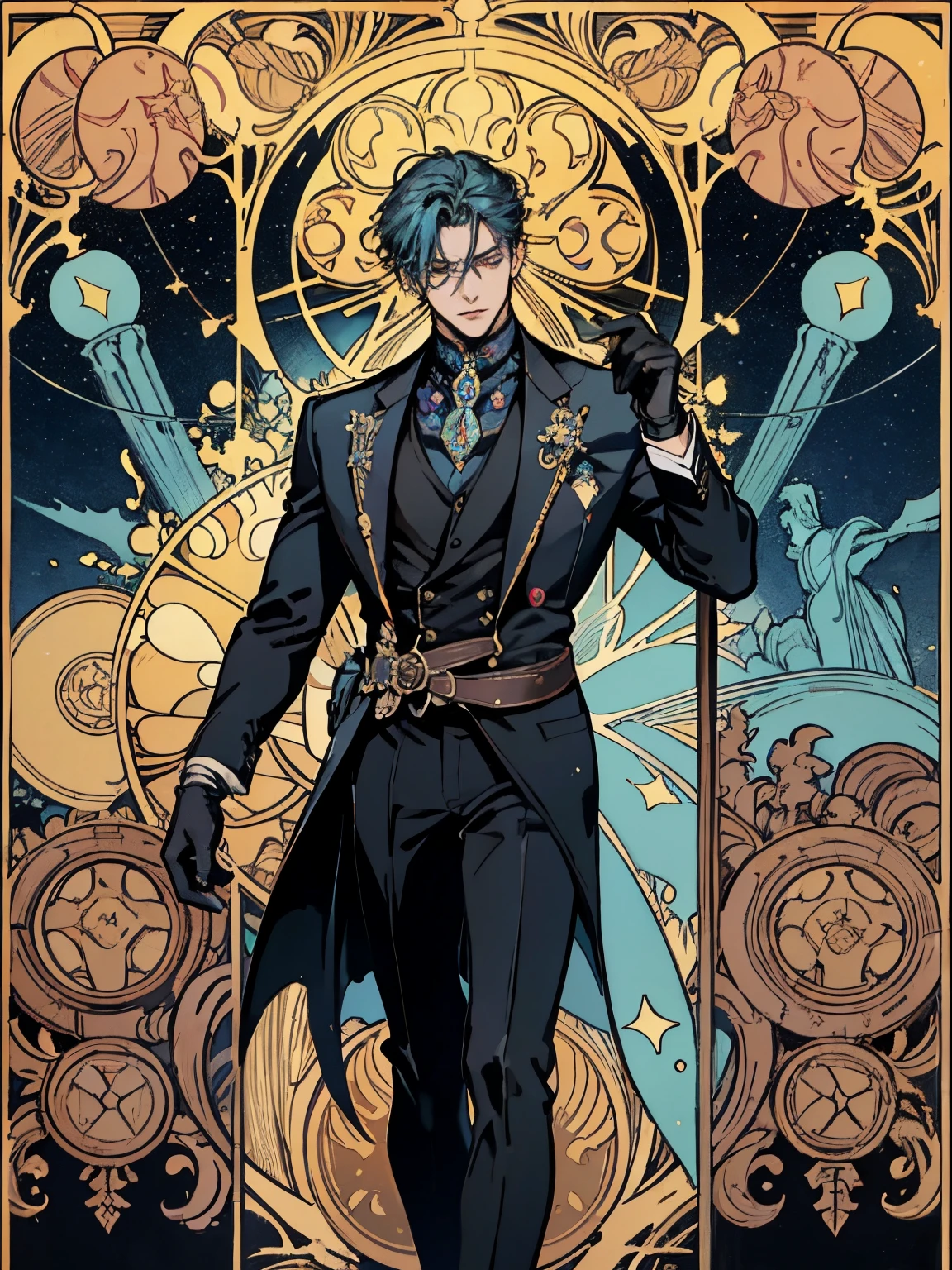 (Flat color:1.1),(Colorful:1.3),(Masterpiece:1.2), tarot: 1man, black suit with black gloves, manipulate puppet with strings, Chris Bumstead, Leon Scott Kennedy, dynamic poses, Best quality, Masterpiece, Original, Full body photo of men,Very detailed wallpaper,Solo,Blue starry sky,tarot card layout,Best quality, Masterpiece, (Realistic:0.6), Realistic lighting,Flower frame, Decorative panels, abstract artistic, Alphonse Mucha (tmasterpiece, best qualtiy, A high resolution: 1.4), A detailed, Complicated details, 4K,cerulean, Line art, Fibonacci