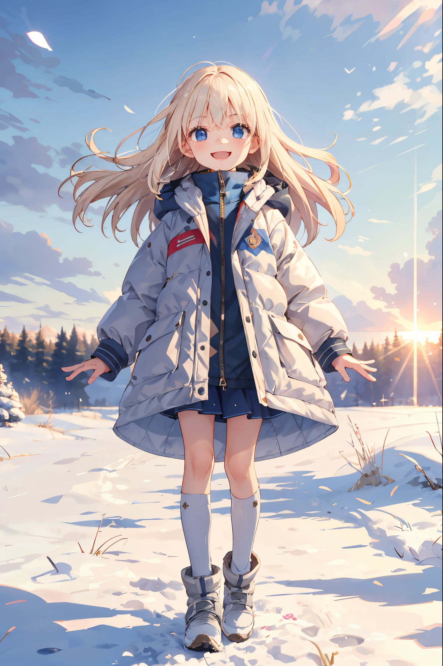 Best Quality, ultra-detailliert, Please wear a down jacket, 1 young girl（8ars old）,a beauty girl，（Hair that flutters in the wind）A smile， Arm in arm, platinum-blonde-hair, region: Russians，Season：Winters，Perfect limbs，The morning sun shines