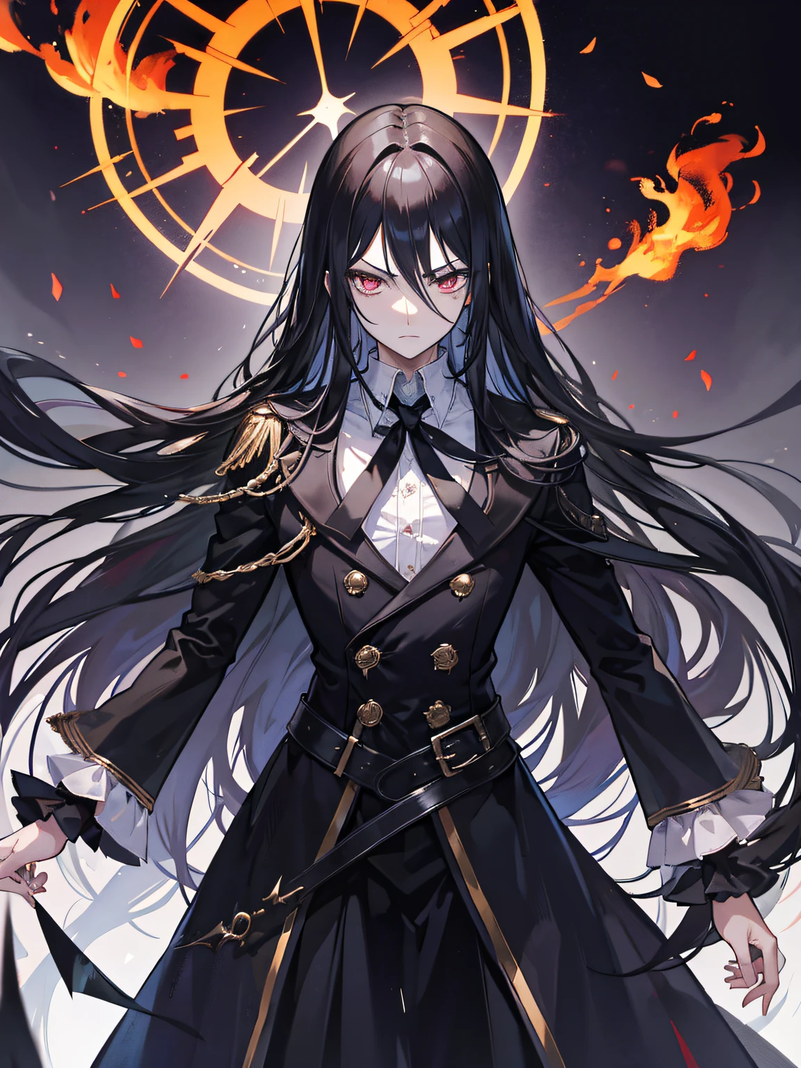 A dark-haired Long straight hair demon king black butler costume Flame Magic in a castle angry expressions Kenpo Stance Black skin Men only