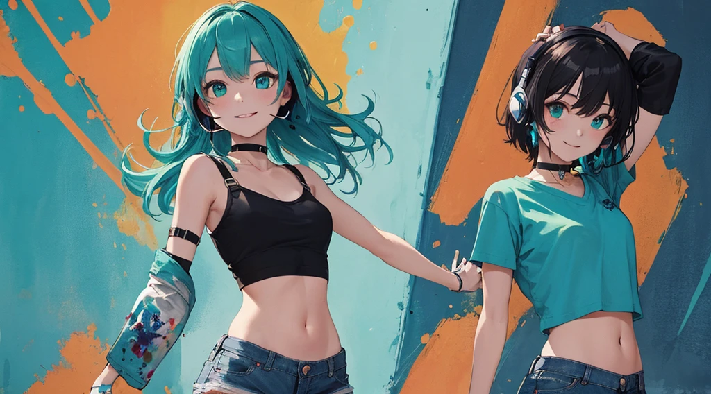 emerald green、1人、​masterpiece, top-quality, girl with, 独奏, croptop, Denim shorts, a choker, (doodle:1.5), Paint Splatter, arms behind back, Look at viewers, Turn around、Armbands, Thigh strap, Paint on the body, tilt of the head,smile bored, O cabelo multicolorido, Aqua Eye, headset on head,