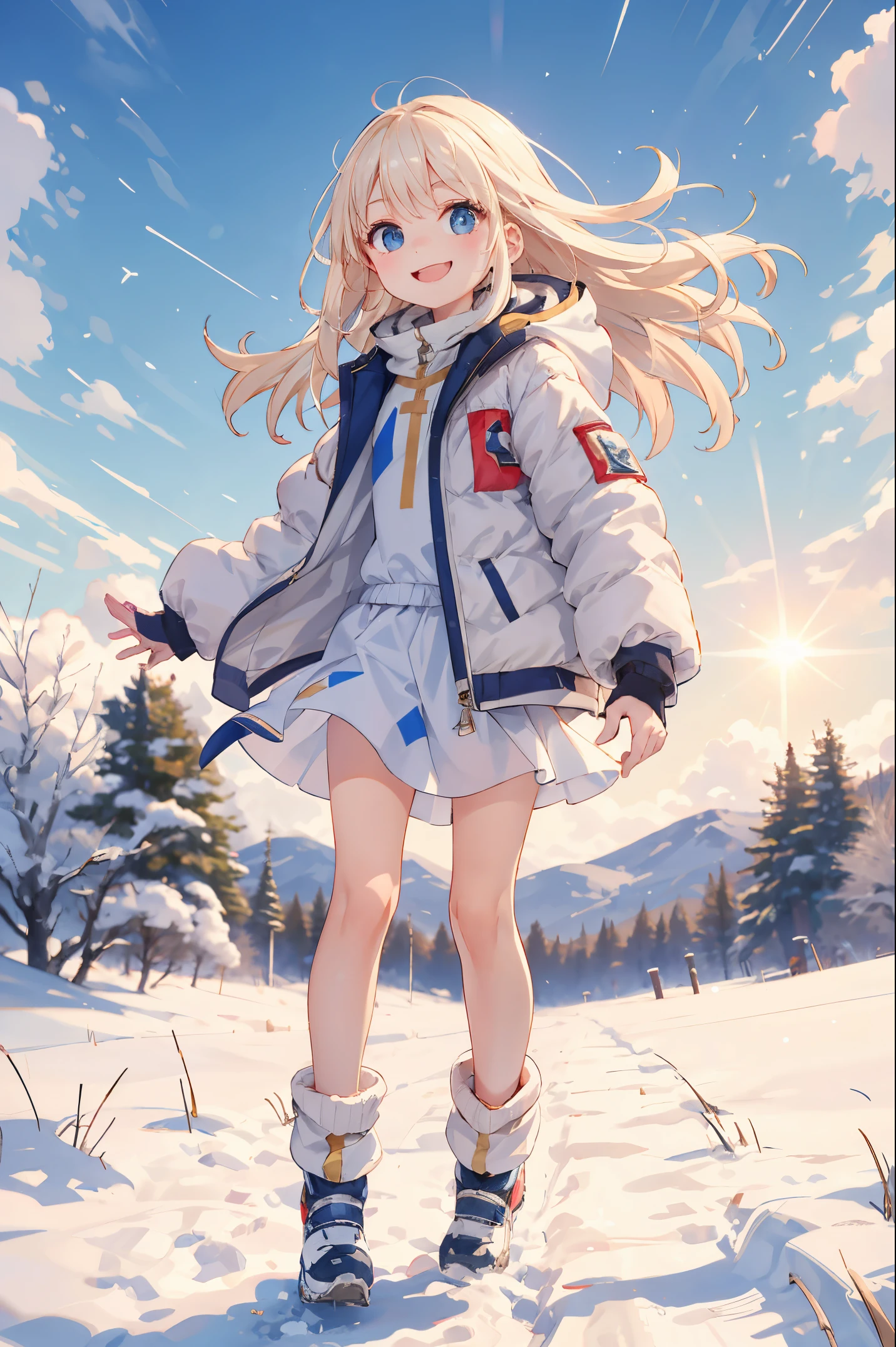 Best Quality, ultra-detailliert, Please wear a down jacket, 1 young girl(8ars old),a beauty girl,(Hair that flutters in the wind)A smile, Arm in arm, platinum-blonde-hair, region: Russians,Season:Winters,Perfect limbs,The morning sun shines
