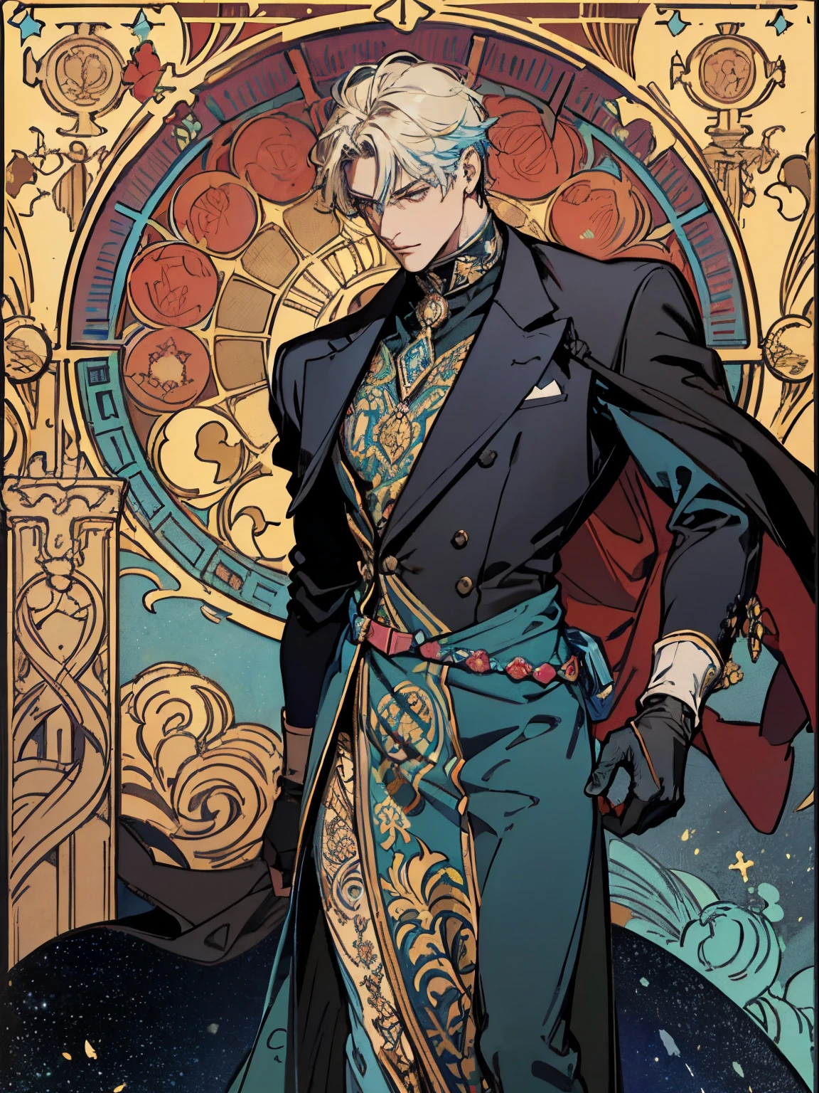 (Flat color:1.1),(Colorful:1.3),(Masterpiece:1.2), tarot: 1man, black suit with black gloves, manipulate puppet with strings, Chris Bumstead, Leon Scott Kennedy, dynamic poses, Best quality, Masterpiece, Original, Full body photo of men,Very detailed wallpaper,Solo,Blue starry sky,tarot card layout,Best quality, Masterpiece, (Realistic:0.6), Realistic lighting,Flower frame, Decorative panels, abstract artistic, Alphonse Mucha (tmasterpiece, best qualtiy, A high resolution: 1.4), A detailed, Complicated details, 4K,cerulean, Line art, Fibonacci