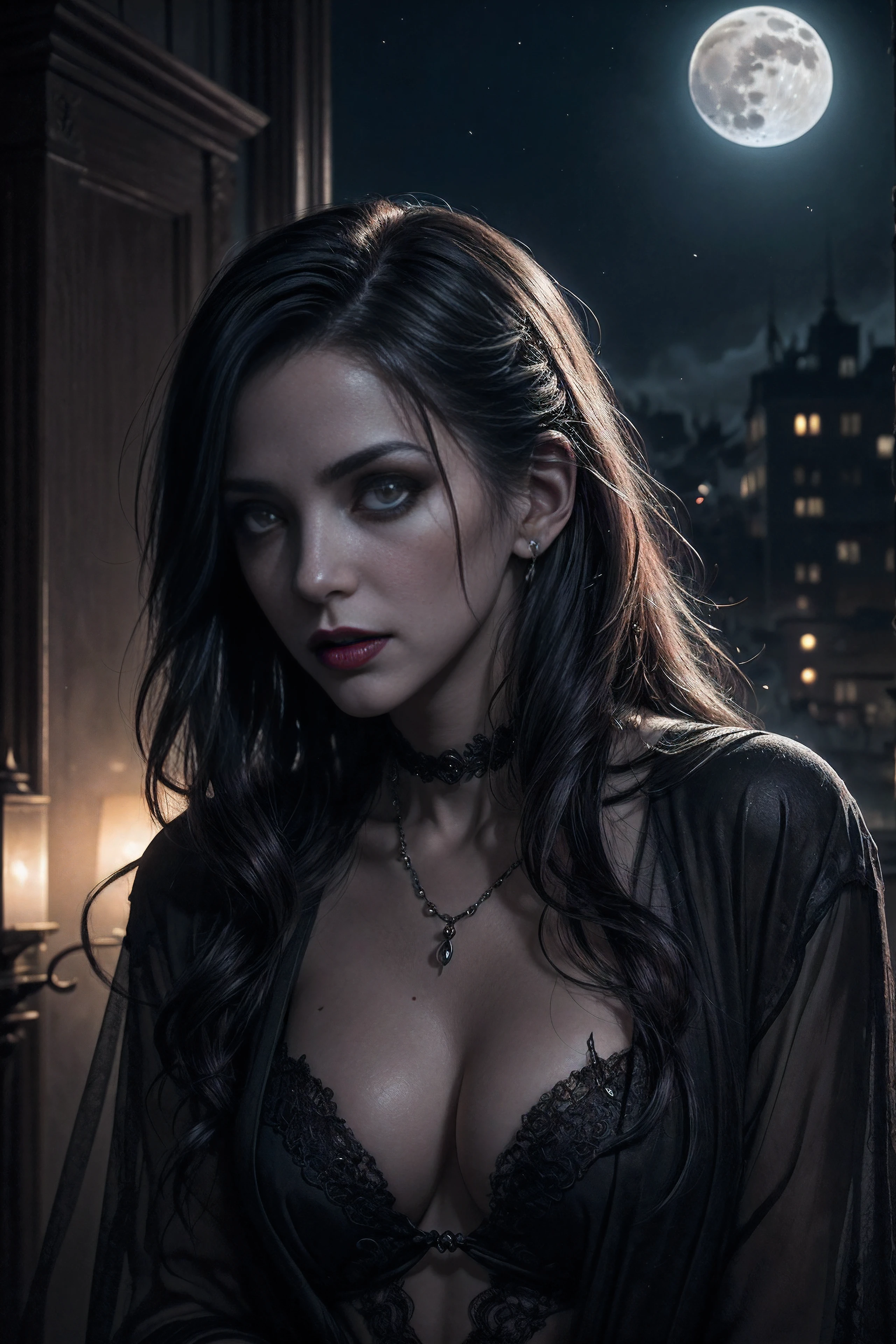 (Beautiful vampire, Tim Burton's style),(full moon),(full - body),(blood on the face),(Dark Fantasy),(ssmile, demonstration of the coolest qualities,4k,hight resolution),(Ultra-detailed),(Realistic:1.37),(HDR),(Side hustle),(physical based rendering),(Extremely detailed eyes and face),(long eyelashes),(Night with dark tones),(ominous vibe),Appendix to (SINISTER, seductive) Personality. The art style is a combination of (Realistic, Photorealistic) pa (Dark, surreal) Fantasy elements, with (Rich, Vibrants) Color, Evoking feelings of hysteria, intrigue) pa (Danger, excitement). illumination (A thin, dramatic), with (soft, ethereal) moon light, Casting shadows, pa (mysterious, eldritch) Glow on the porcelain skin of a vampire.