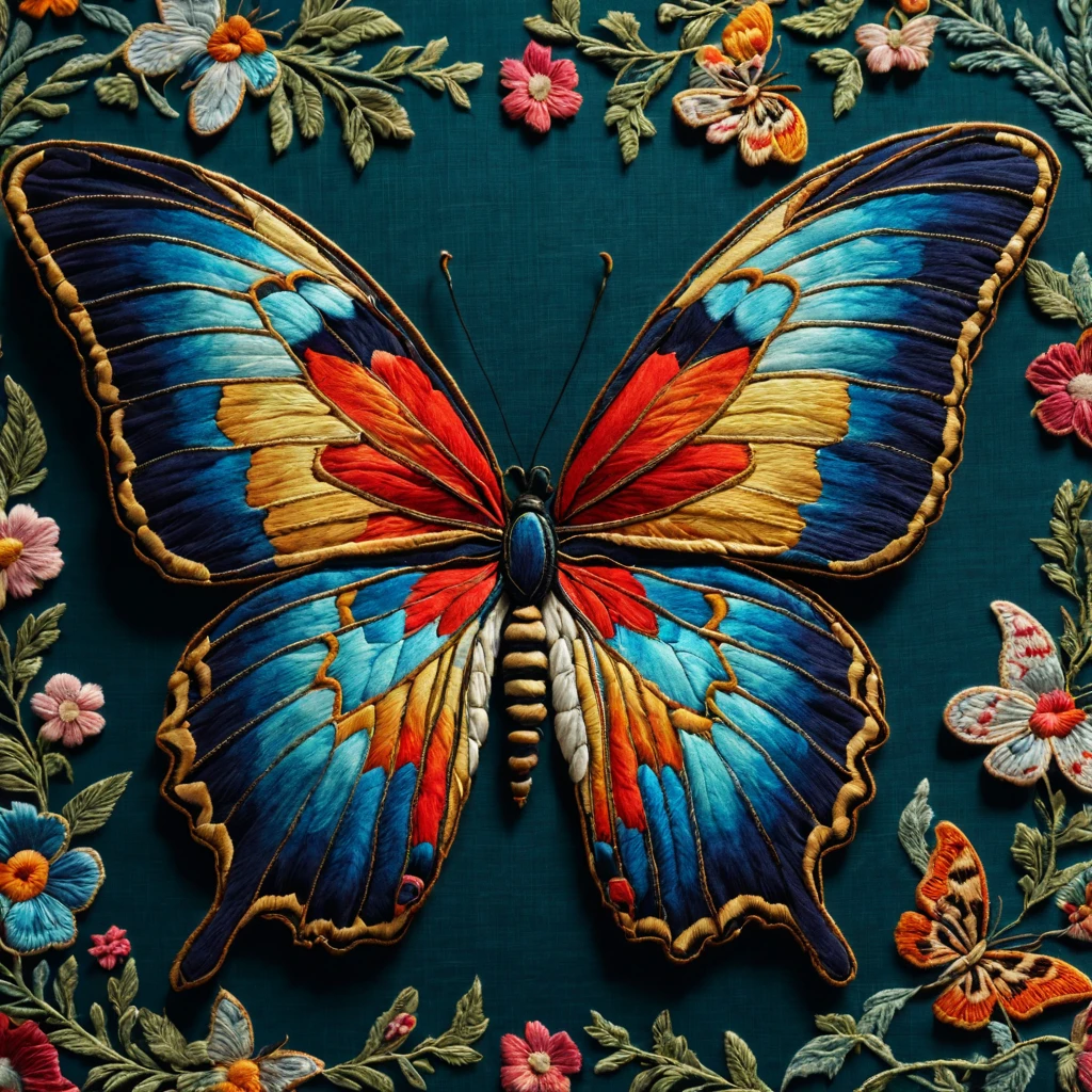(ultra-detailed, realistic:1.37) Butterfly embroidery, vibrant colors, delicate wings, intricate patterns, lifelike details, intricate stitches, fine needlework, precise shading, high-resolution image, textile art, textile textures, creative composition, professional craftsmanship, colorful threads, meticulous thread work, exquisite craftsmanship, realistic lighting, decorative art, close-up view,