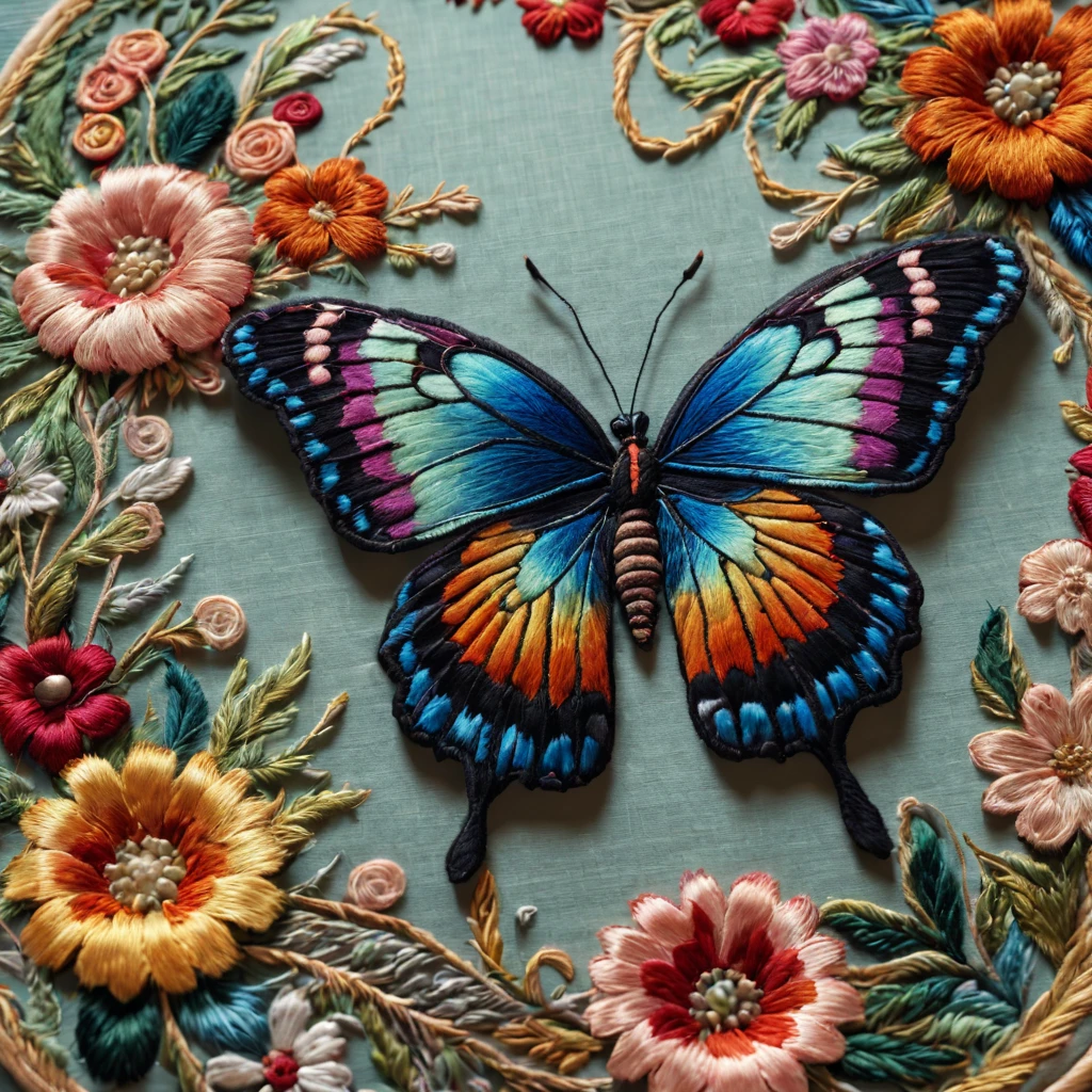 (ultra-detailed, realistic:1.37) Butterfly embroidery, vibrant colors, delicate wings, intricate patterns, lifelike details, intricate stitches, fine needlework, precise shading, high-resolution image, textile art, textile textures, creative composition, professional craftsmanship, colorful threads, meticulous thread work, exquisite craftsmanship, realistic lighting, decorative art, close-up view,
