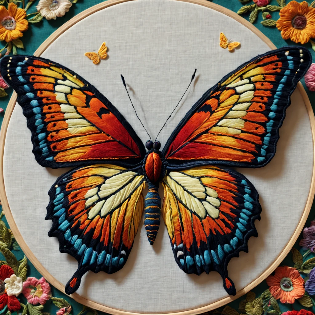 (ultra-detailed, realistic:1.37) Butterfly embroidery, vibrant colors, delicate wings, intricate patterns, lifelike details, intricate stitches, fine needlework, precise shading, high-resolution image, textile art, textile textures, creative composition, professional craftsmanship, colorful threads, meticulous thread work, exquisite craftsmanship, realistic lighting, decorative art, close-up view,