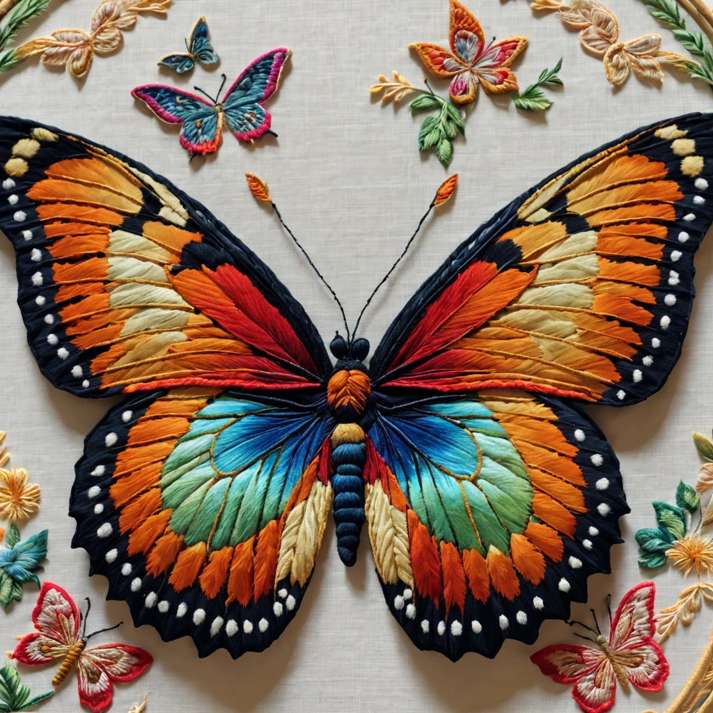 (ultra-detailed, realistic:1.37) Butterfly embroidery, vibrant colors, delicate wings, intricate patterns, lifelike details, intricate stitches, fine needlework, precise shading, high-resolution image, textile art, textile textures, creative composition, professional craftsmanship, colorful threads, meticulous thread work, exquisite craftsmanship, realistic lighting, decorative art, close-up view,