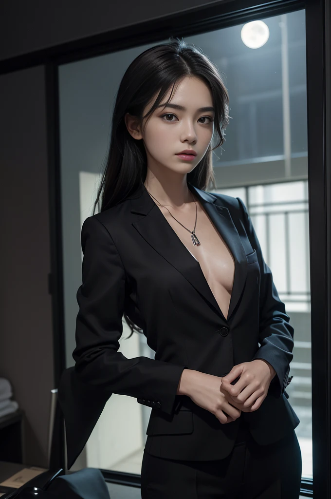 (Photoreal Stick:1.5, masutepiece:1.5, 8K), (top-quality, masterpiece, 超A high resolution), Perfect dynamic composition, Professional camera work:1.4, Highly detailed skin and facial texture:1.3, Mystical portrait:1.3, Grow Light Effect, The ultra-detailliert, 1girl in, ((Night view from inside the building, Please turn off the lights in the room, Dark atmosphere, The moonlight at night shines through the glass)), (V Neck Shirt Black Tailored Suit Suit Jacket), Model body type, Clear face, Detailed hand, Beautiful and detailed eyes, (Enraptured look:0.8, i love you completely:0.8), A mouthfeel that feels beautiful eros, Dark brown medium hair, the chest is medium, a necklace, Close-up portrait