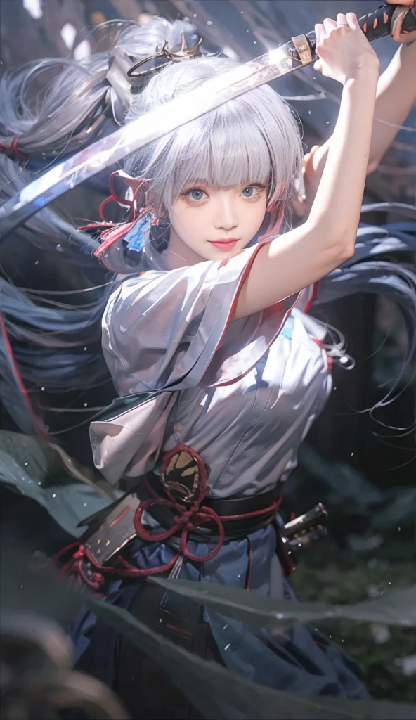 The sword, arma, holdingsword, Japanese clothes, katana swords, 1个Giant Breast Girl, long whitr hair, Alone, holdingweapon, ngel, silber hair, fuzzy, Kimono with white, twinkle, , Very long hair, looking at viewert, scabbard, water dripping, shrine maiden, short- sleeved, Keep your mouth shut, depth of fields, By bangs, komono, blurryforeground, vague background, ssmile, unsheathed, airbubble, And also, Wide sleeves