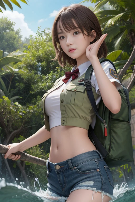 Beautiful anime girl with a good figure stands naked holding a gun and wearing a green jacket posing for a photo ig model | artgerm, extremely detailed artgerm, artgerm 4 k, 