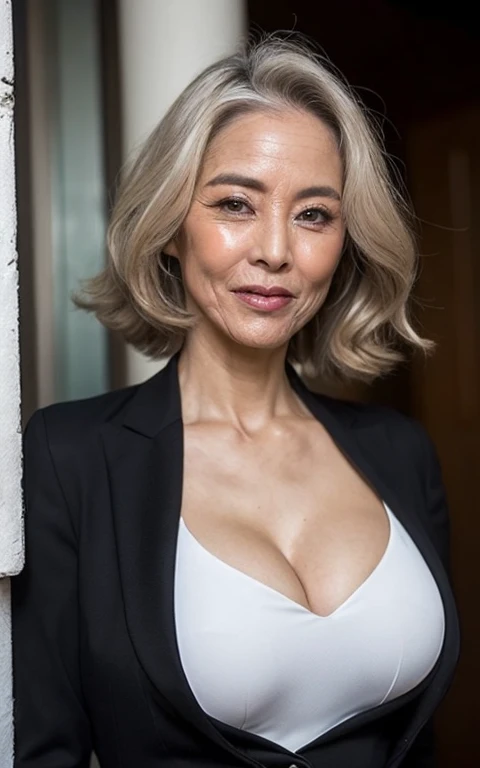 japanese mature, (Solo), 50 years old, (Wrinkles at the corners of the eyes:1.5), Large breasts, A MILF, glamor, A sexy, Chromo-white skin, Wavy Longhair, Looking at Viewer、Super large udder、Black Business Suit、Black pantyhose、high-heels、ssmile、Public places、