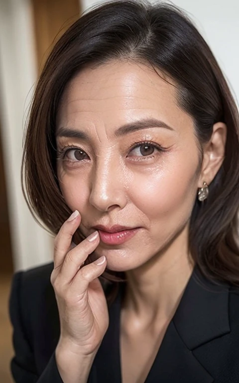 japanese mature, (Solo), 50 years old, (Wrinkles at the corners of the eyes:1.5), Large breasts, A MILF, glamor, A sexy, Chromo-white skin, Wavy Longhair, Looking at Viewer、Super large udder、Black Business Suit、Black pantyhose、high-heels、ssmile、Public places、