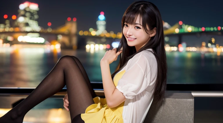 (8K, Raw photo, Best Quality, masutepiece: 1.2), (Realistic, Realistic:2.0), Night view of the city,avatar .50mm Lens,Yellow dress,Thigh holster for small pistol,slightly brown black hair,The long-haired,Hair is fluttering in the wind,Spy,a smile,Korean Beauty,Similar to Miru Sakamichi,Wearing black tights,Creating videos with changing facial expressions,Change in facial expression from a straight face to a smile,A woman looking out at the night view,