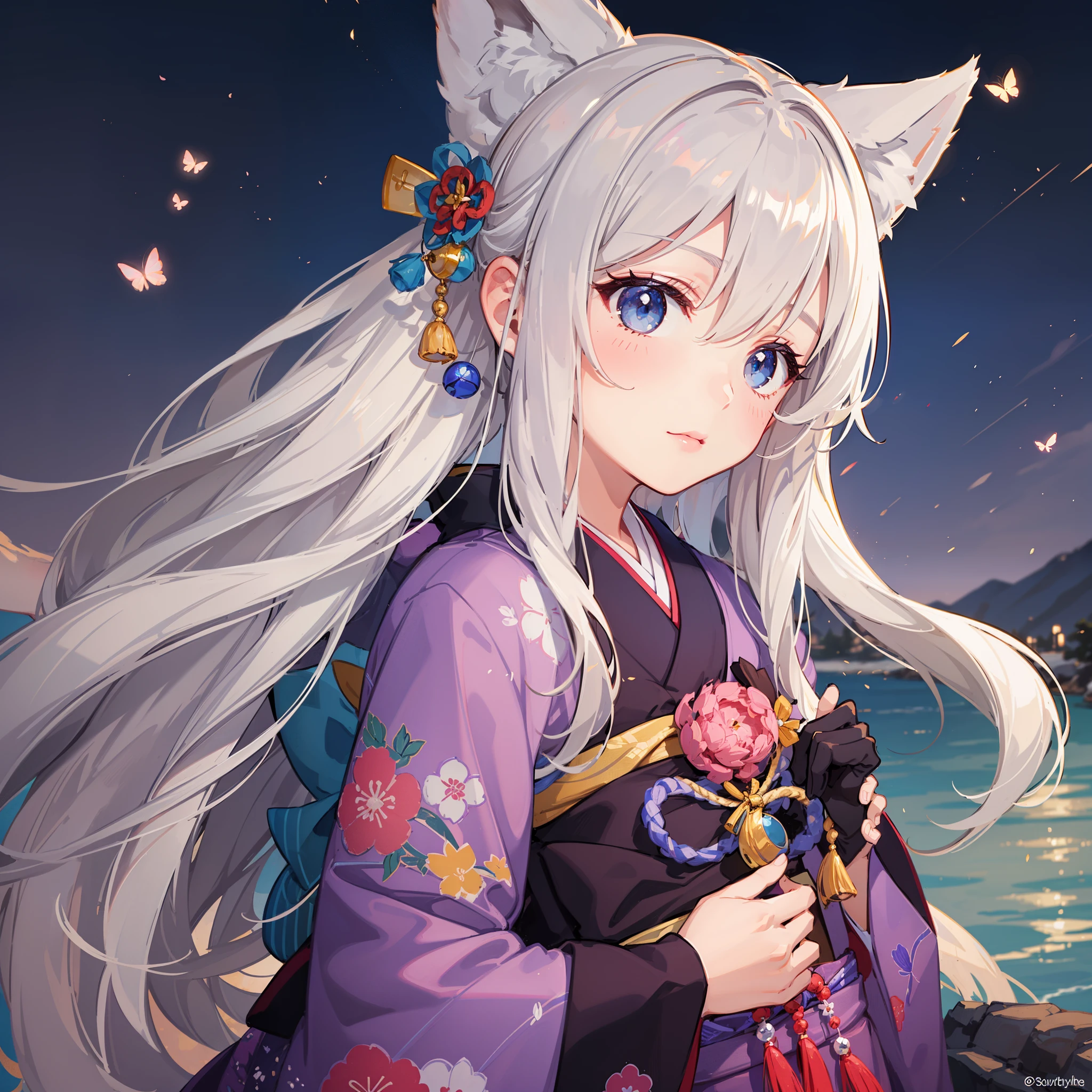 (highly detailed CG unity 16k wallpaper:1.1), (noise reduction strength:1.45), (t masterpiece:1.37), original, (very fine and beautiful), (perfect details), (unity CG 8k wallpaper:1.05), (beautiful crisp background:1.25), (one pretty girl (2 fox ears:0.9) with (fox tail on back:1.2) standing by the river:1.15). (pretty type:1.3), (detailed beautiful eyes:1.retty face:1.3), silver hair, silver ears, (pink hair:0.7), (pink ears:0.7), long hair, (Japanese Kimono:1.25), (wind blown hair:1.1), (blue eyes:1.1), ( Small Girl:1.1), Fluttering Butterfly, (Moonlight:0.6), Tree, (Summer-oriented), (Nighttime:1.2), (Gloves:0.8), Solo, (Illustrative), (Depth of Field:0.7), (Close-up :0.35), God Rays, Spark, Glowing Light, (Mastepiece)  Translated with .DeepL.com/Translator (free version)  -- --auto --s2