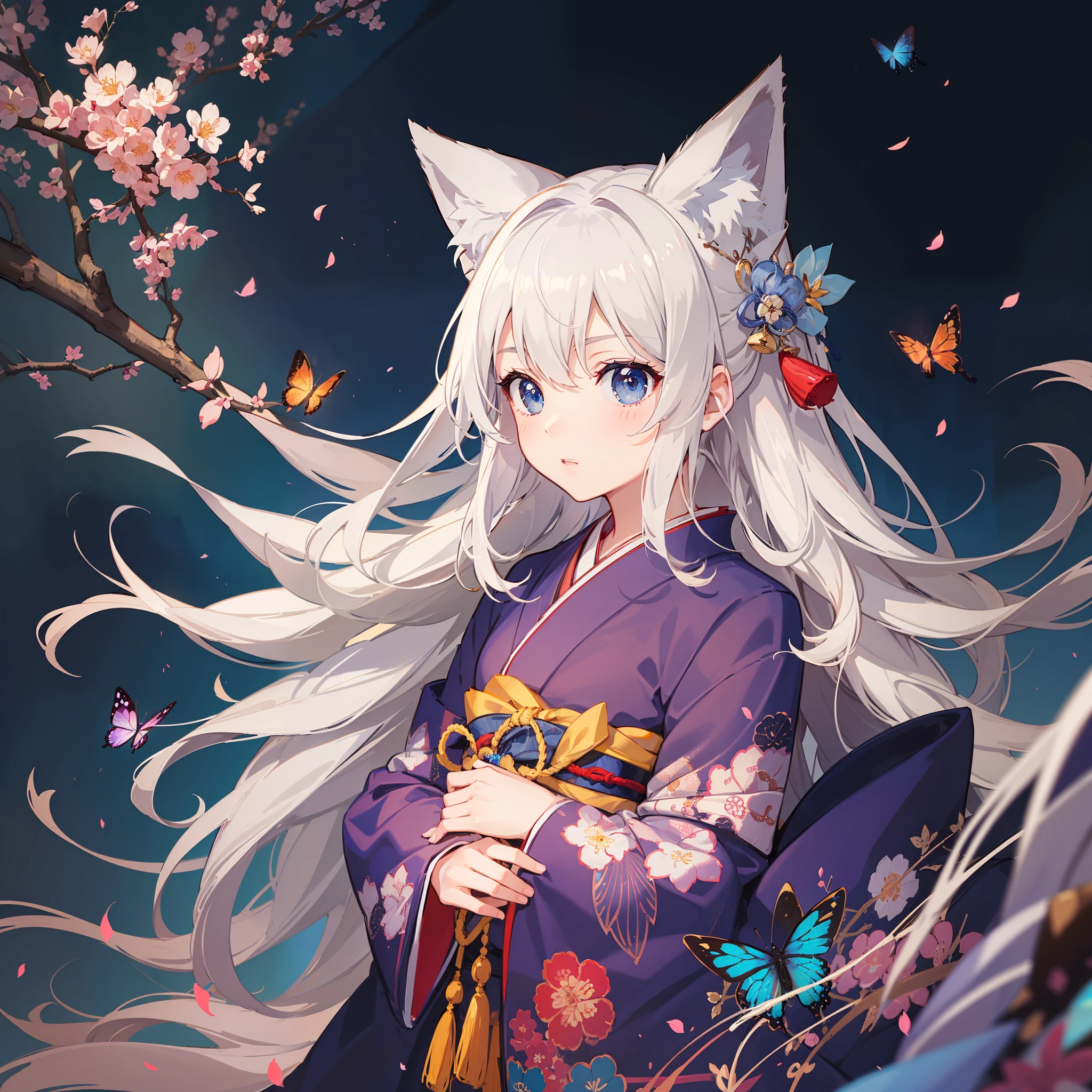 (highly detailed CG unity 16k wallpaper:1.1), (noise reduction strength:1.45), (t masterpiece:1.37), original, (very fine and beautiful), (perfect details), (unity CG 8k wallpaper:1.05), (beautiful crisp background:1.25), (one pretty girl (2 fox ears:0.9) with (fox tail on back:1.2) standing by the river:1.15). (pretty type:1.3), (detailed beautiful eyes:1.retty face:1.3), silver hair, silver ears, (pink hair:0.7), (pink ears:0.7), long hair, (Japanese Kimono:1.25), (wind blown hair:1.1), (blue eyes:1.1), ( Small Girl:1.1), Fluttering Butterfly, (Moonlight:0.6), Tree, (Summer-oriented), (Nighttime:1.2), (Gloves:0.8), Solo, (Illustrative), (Depth of Field:0.7), (Close-up :0.35), God Rays, Spark, Glowing Light, (Mastepiece) Translated with .DeepL.com/Translator (free version) -- --auto --s2