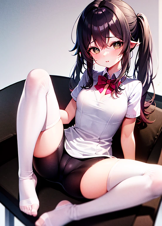 sitting on computer chair，sfw white stockings long legaek Ha blushed，Raised your legs，Revealed，Next to it is a computer，in pink