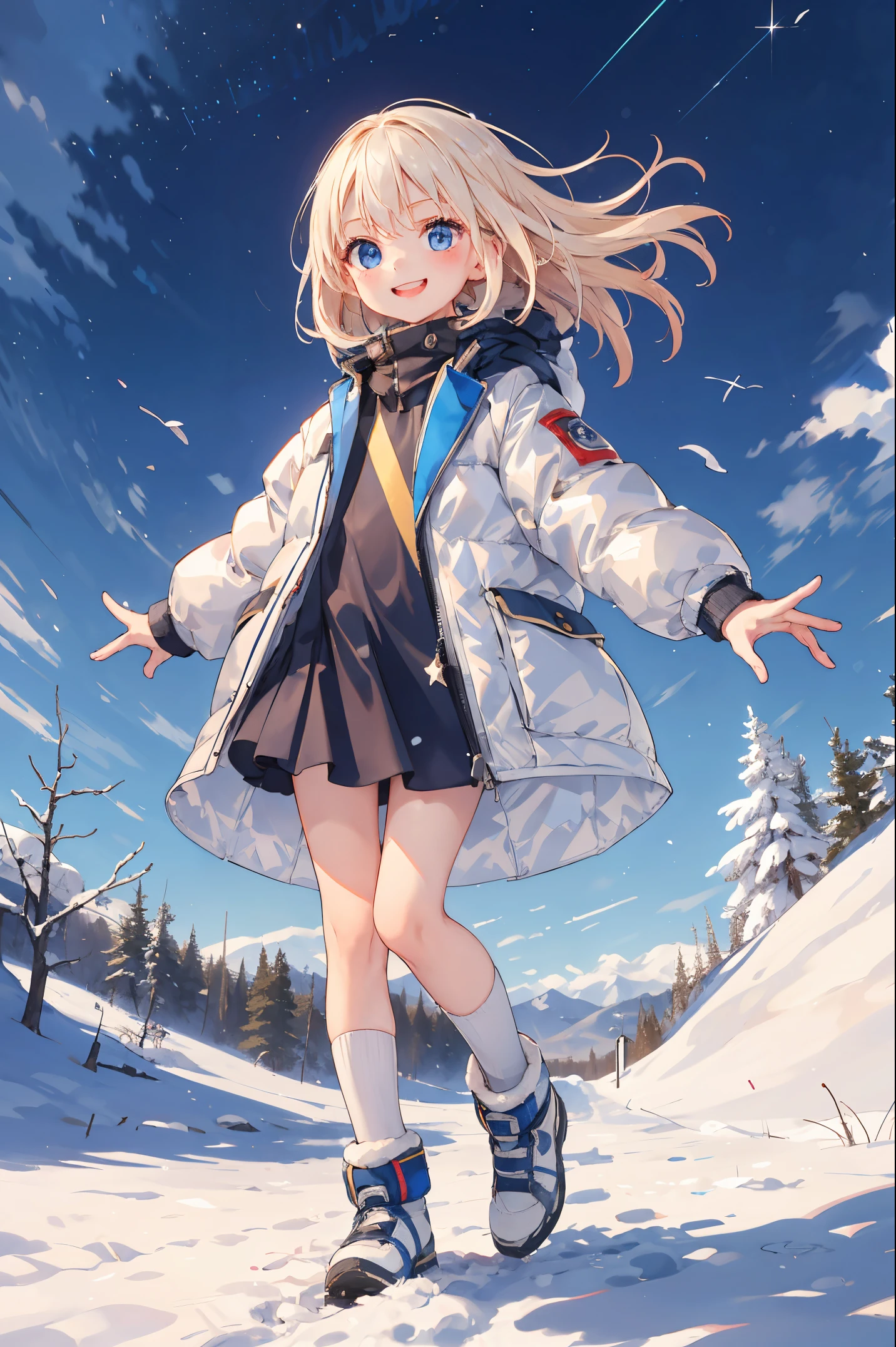 Best Quality, ultra-detailliert, Wear a down jacket naked, 1 young girl（8ars old）,a beauty girl，（Hair that flutters in the wind），a smile， With open hands, platinum-blonde-hair, region: Russians，season：Winters，Perfect limbs，The night sky shines