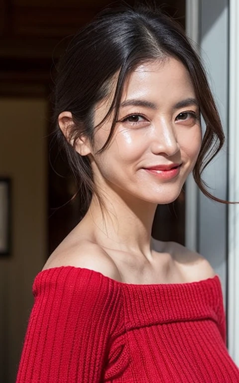 japanese mature, (Solo), 50 years old, (Wrinkles at the corners of the eyes:1.5), Large breasts, A MILF, glamor, A sexy, Chromo-white skin, Wavy Longhair, Looking at Viewer、Super large udder、Wearing a red knit off-shoulder dress、Tight fit knit dress Cheuchimuchi、Black pantyhose、high-heels、ssmile、Public places、
