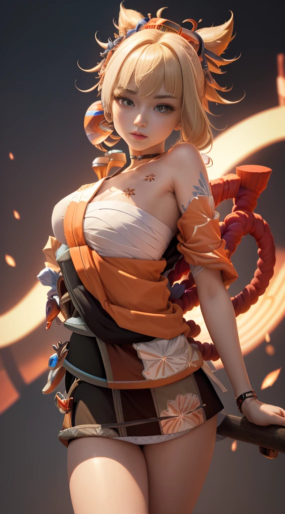 (tmasterpiece, Best quality at best, A high resolution, absurd res, ultra - detailed:1.3), 1 girl, (create, network pace, technologies, (((Kimono with white))), cyber punk perssonage, (((Blonde hair))), and orange neon light, synthetic wave, Iridescent, holograph, HighDynamicRange: 1.6), (prpdef1, cow boy shot:1.perfect hand, perfect eyes, perfect bodies, Complicated details