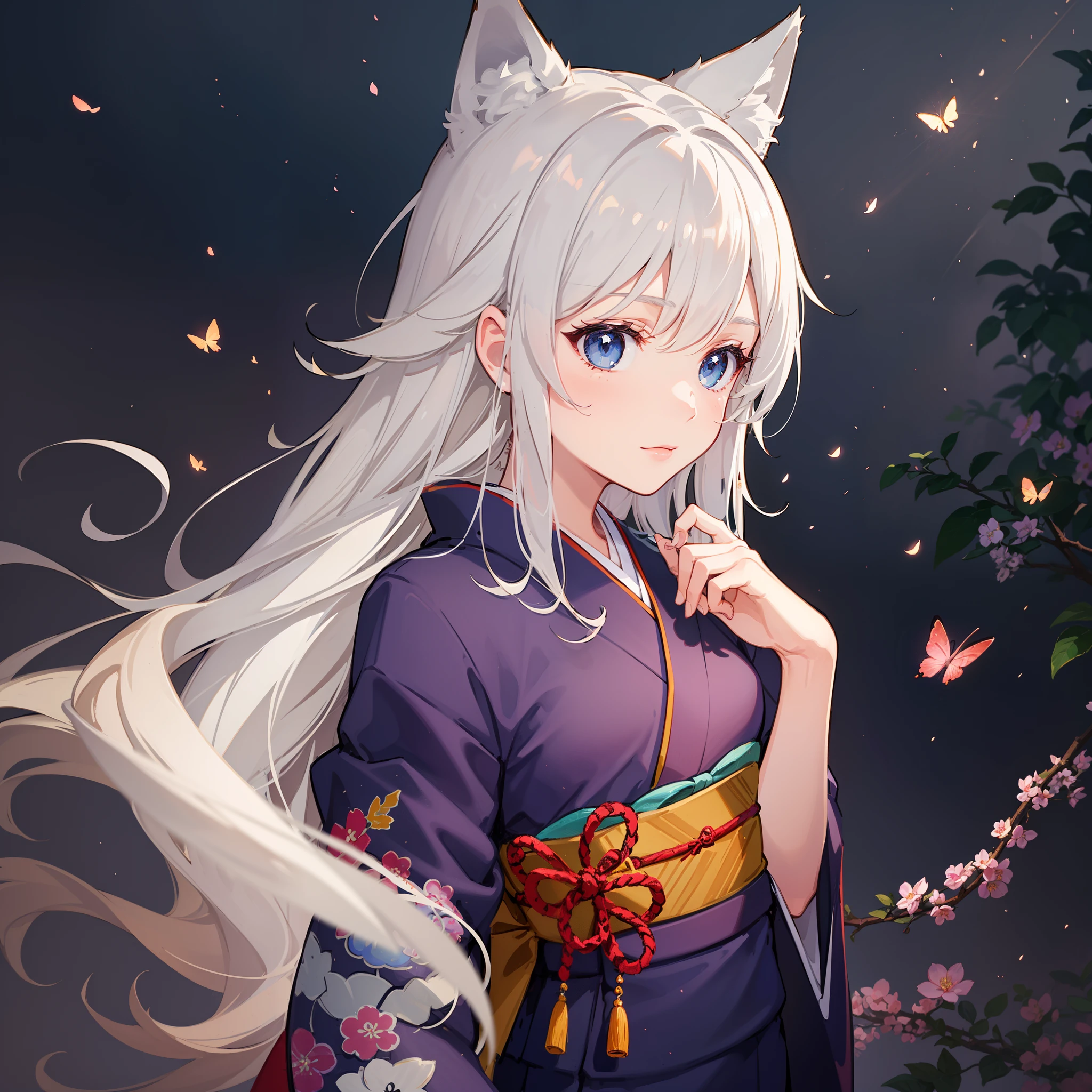 (highly detailed CG unity 16k wallpaper:1.1), (noise reduction strength:1.45), (t masterpiece:1.37), original, (very fine and beautiful), (perfect details), (unity CG 8k wallpaper:1.05), (beautiful crisp background:1.25), (one pretty girl (2 fox ears:0.9) with (fox tail on back:1.2) standing by the river:1.15). (pretty type:1.3), (detailed beautiful eyes:1.retty face:1.3), silver hair, silver ears, (pink hair:0.7), (pink ears:0.7), long hair, (Japanese Kimono:1.25), (wind blown hair:1.1), (blue eyes:1.1), ( Small Girl:1.1), Fluttering Butterfly, (Moonlight:0.6), Tree, (Summer-oriented), (Nighttime:1.2), (Gloves:0.8), Solo, (Illustrative), (Depth of Field:0.7), (Close-up :0.35), God Rays, Spark, Glowing Light, (Mastepiece)  Translated with .DeepL.com/Translator (free version)  -- --auto --s2