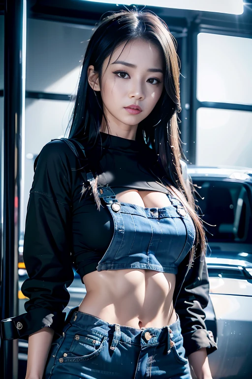 asian girl , Realistic photography style lighting,, , long black hairstyle, tattoo , hammer stand,Wear a black cap, Wear black sunglasses....., Wearing blue jeans overalls, At the car repair shop,Car repair,, background , nighttime,