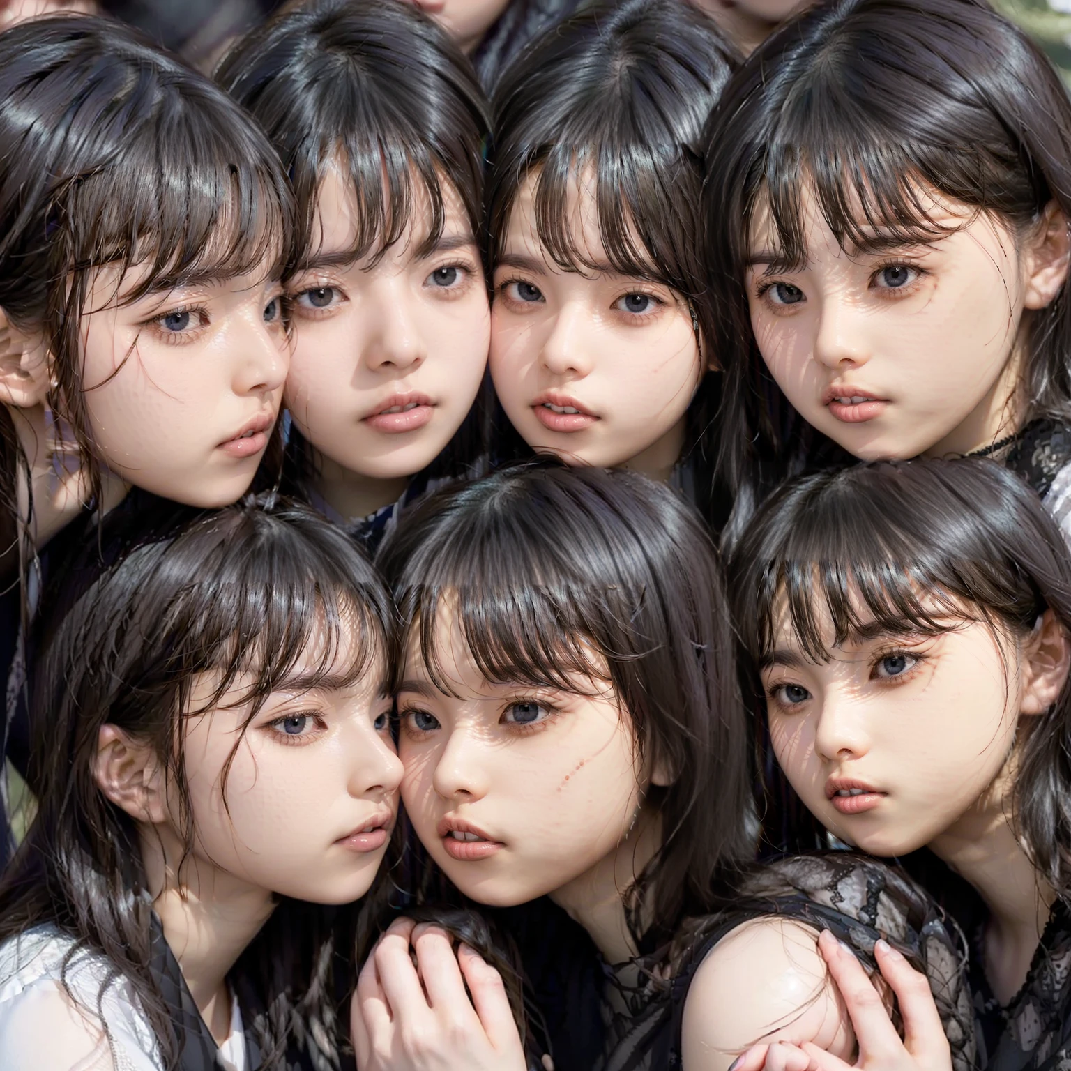 Raw photo、((5girls)),Open eyes、Five women kissing and loving each other、The same face、A dark-haired、a smile、same person、(lesbian orgy)